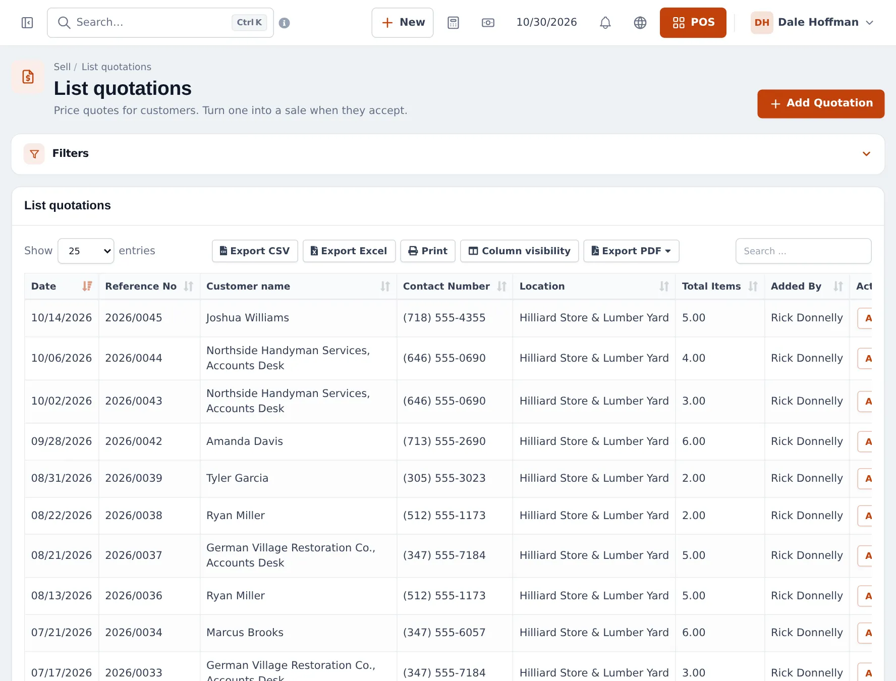 List quotations page with filters for business location and customer and a table of quotations