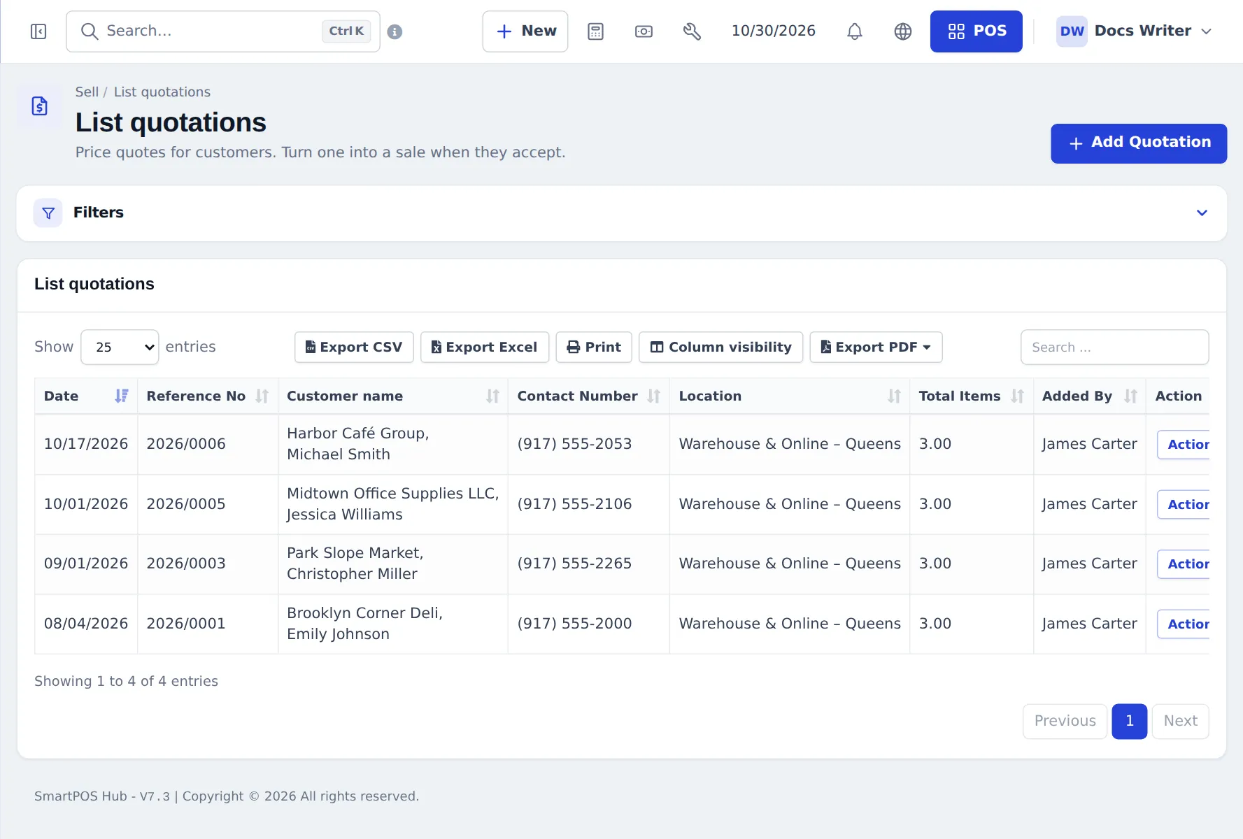 List quotations page with date, reference number, customer, contact number, location, total items, added by and actions