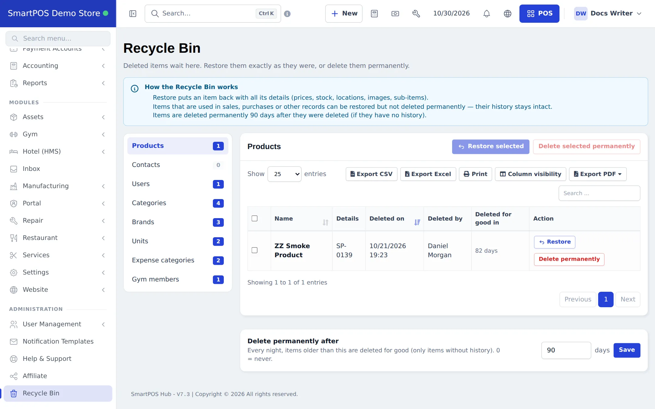 Recycle Bin with item types and counts on the left and a deleted product with Restore and Delete permanently buttons