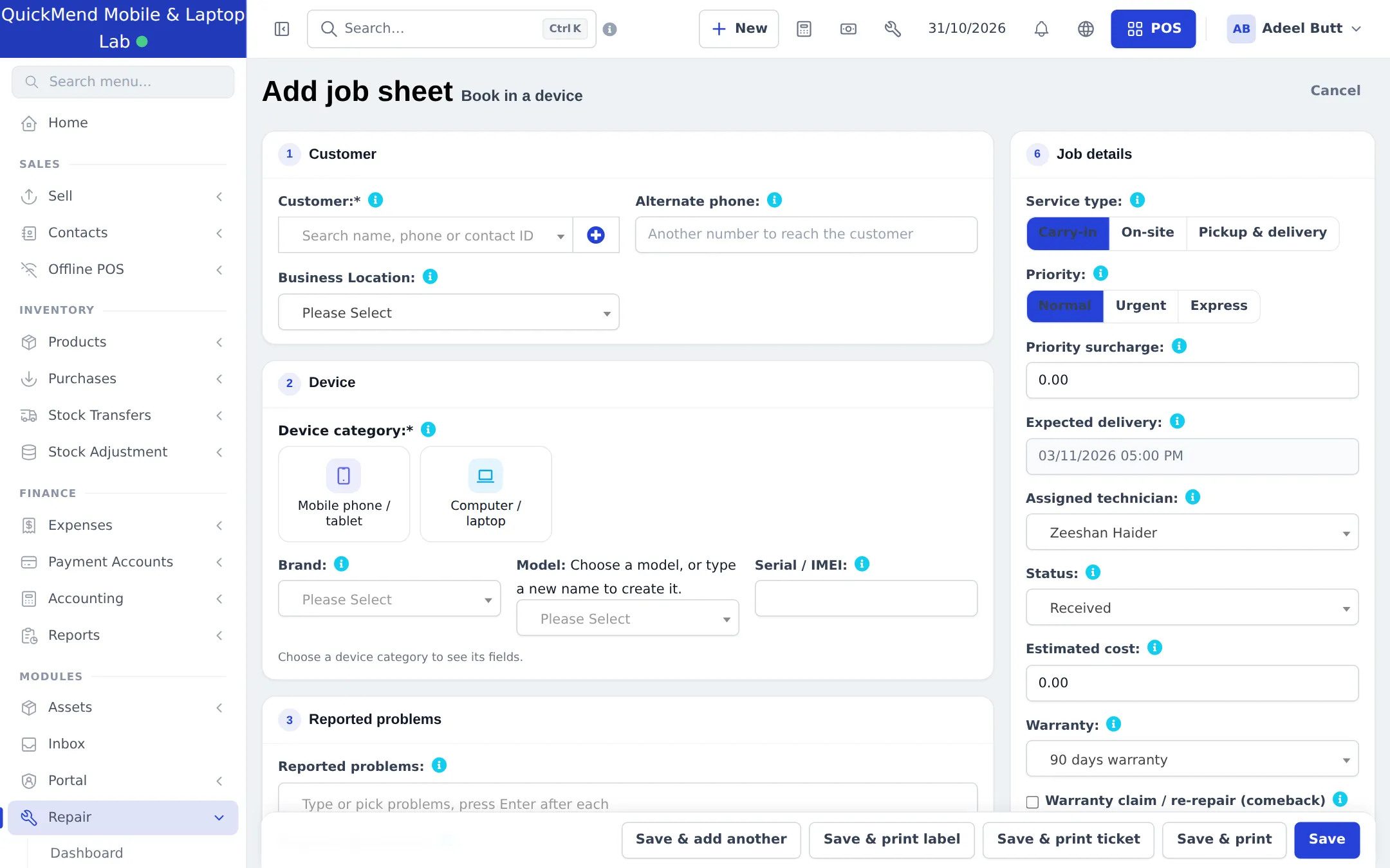 Add job sheet form with customer, device category tiles, brand, model and serial fields, and job details with service type, priority and technician