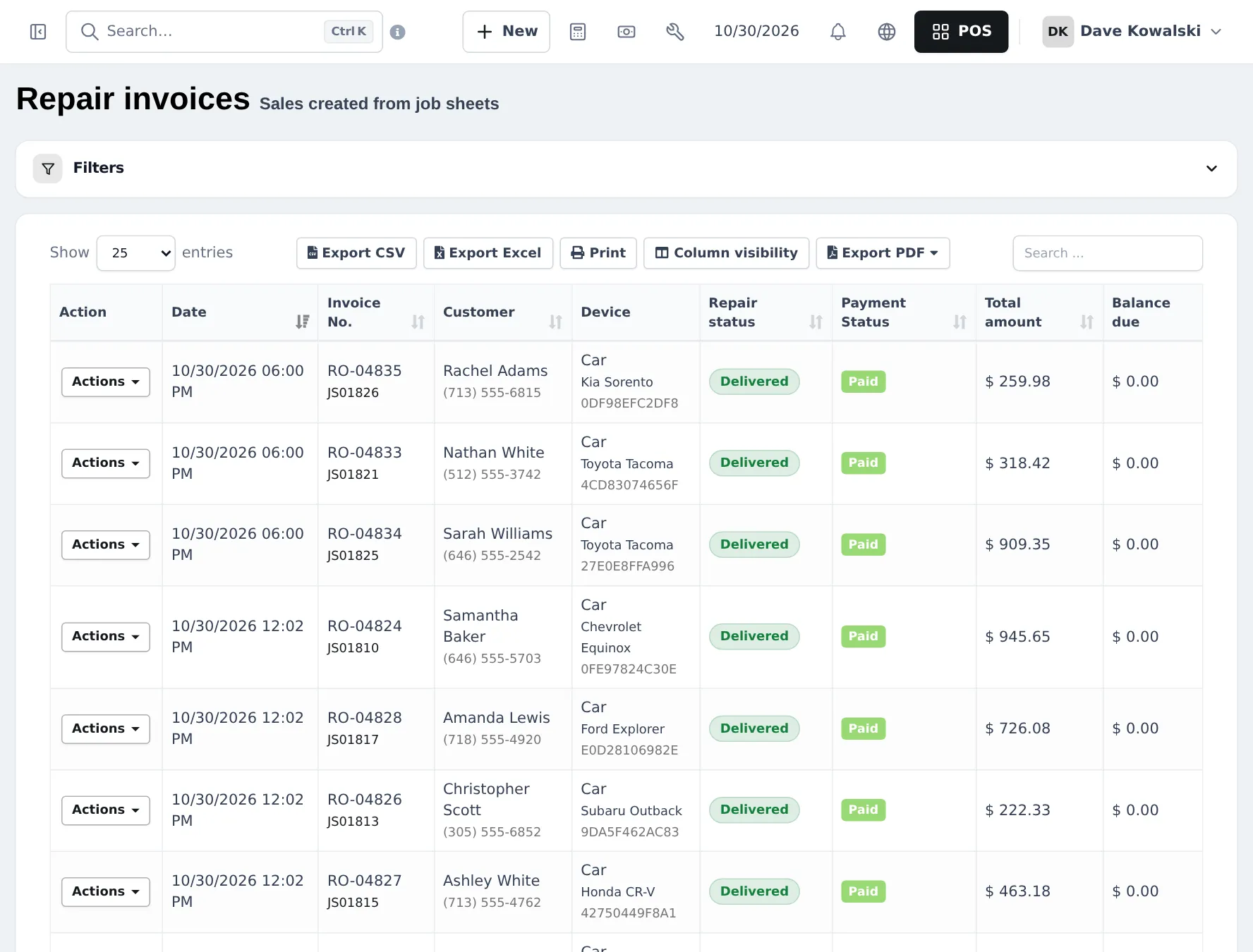 Repair invoices list with invoice numbers, customers, car make and model, repair status Delivered, payment status Paid, totals and balance due