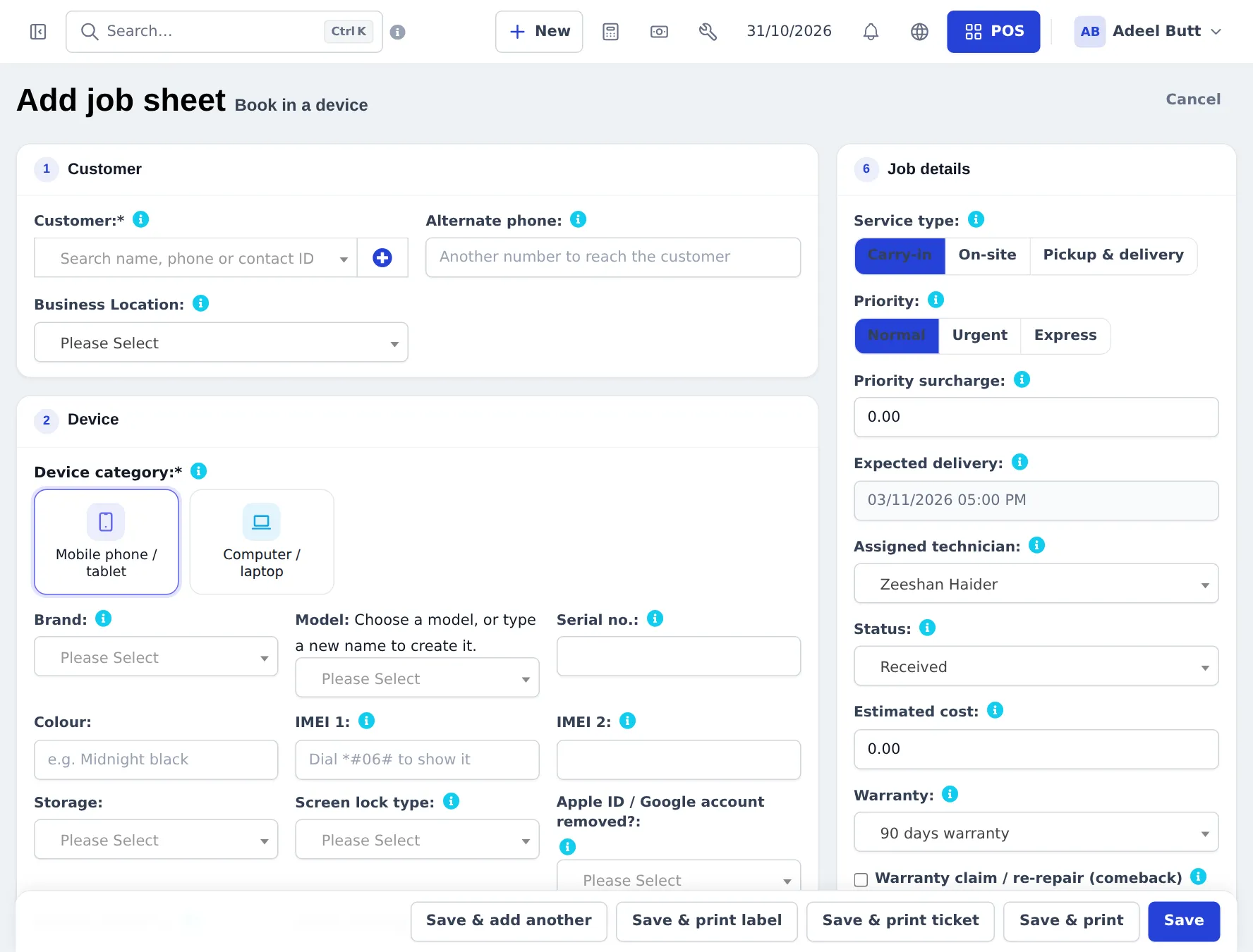 Add job sheet form with customer, device category tiles for mobile phone and computer, brand, model, serial, colour, IMEI 1, IMEI 2, storage and screen lock fields, and job details on the right