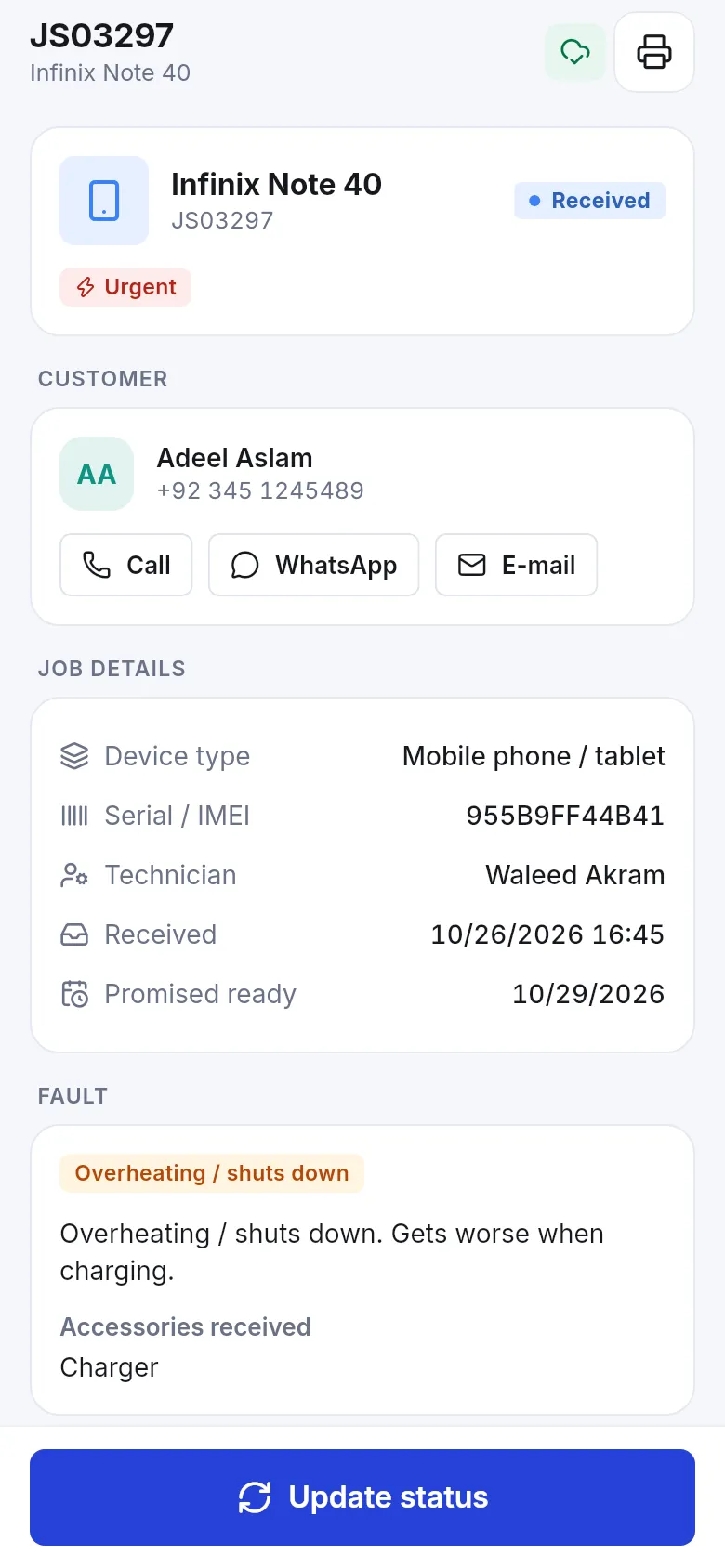 Business app repair job with device, status, urgent flag and buttons to call or message the customer