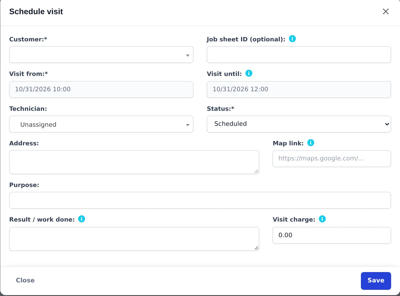 Schedule visit window with customer, optional job sheet ID, visit from and until, technician, status Scheduled, address, map link, purpose, result and visit charge