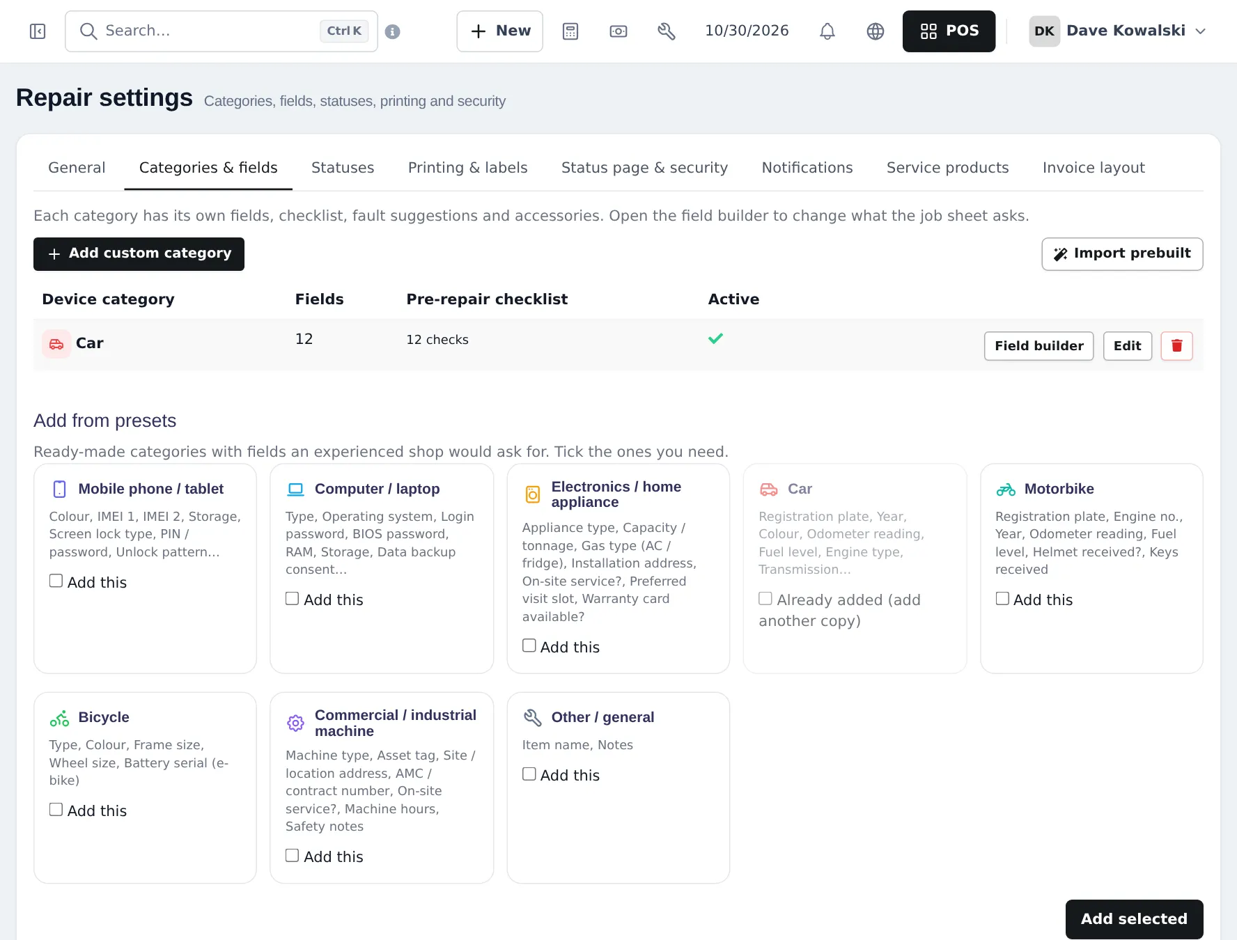 Repair settings Categories & fields tab with the Car category active with 12 fields and 12 checks, and presets for mobile, computer, appliance, car, motorbike, bicycle, machine and other