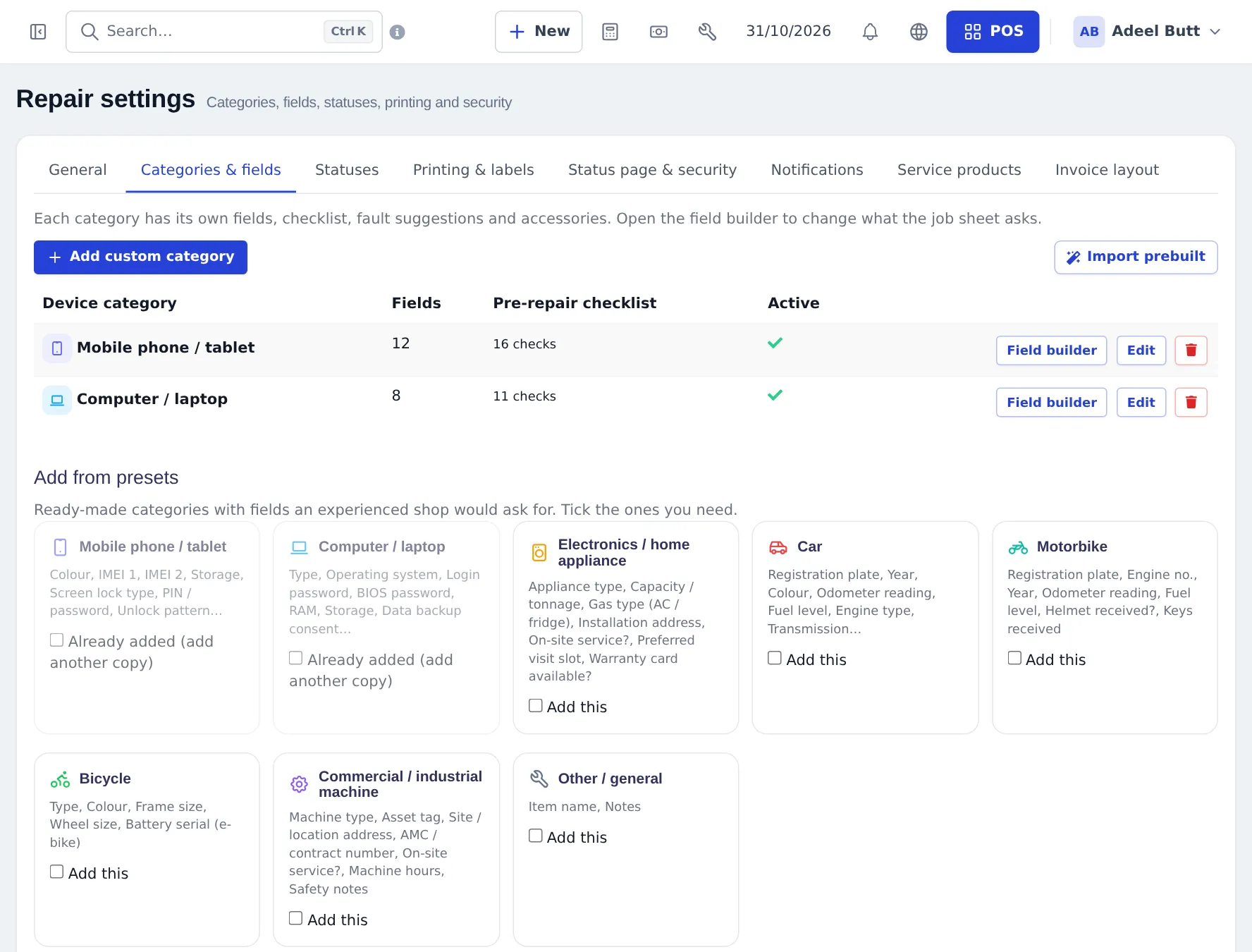 Repair settings Categories and fields tab with existing categories and presets including Electronics / home appliance with appliance type, capacity, gas type, installation address and on-site fields