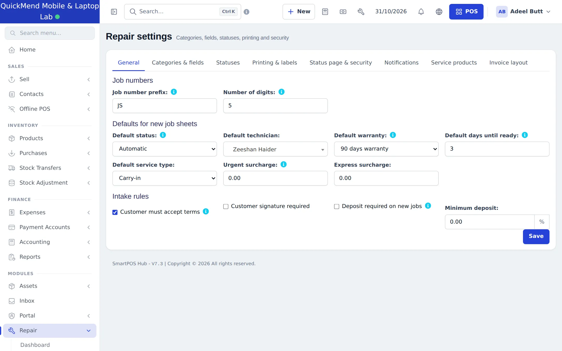 Repair settings General tab with job number prefix, default status, technician, warranty, service type, surcharges and intake rules