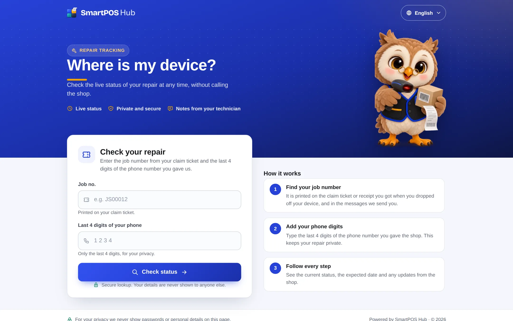Public Where is my device page with a Check your repair form asking for the job number and the last 4 digits of the phone, and a How it works panel
