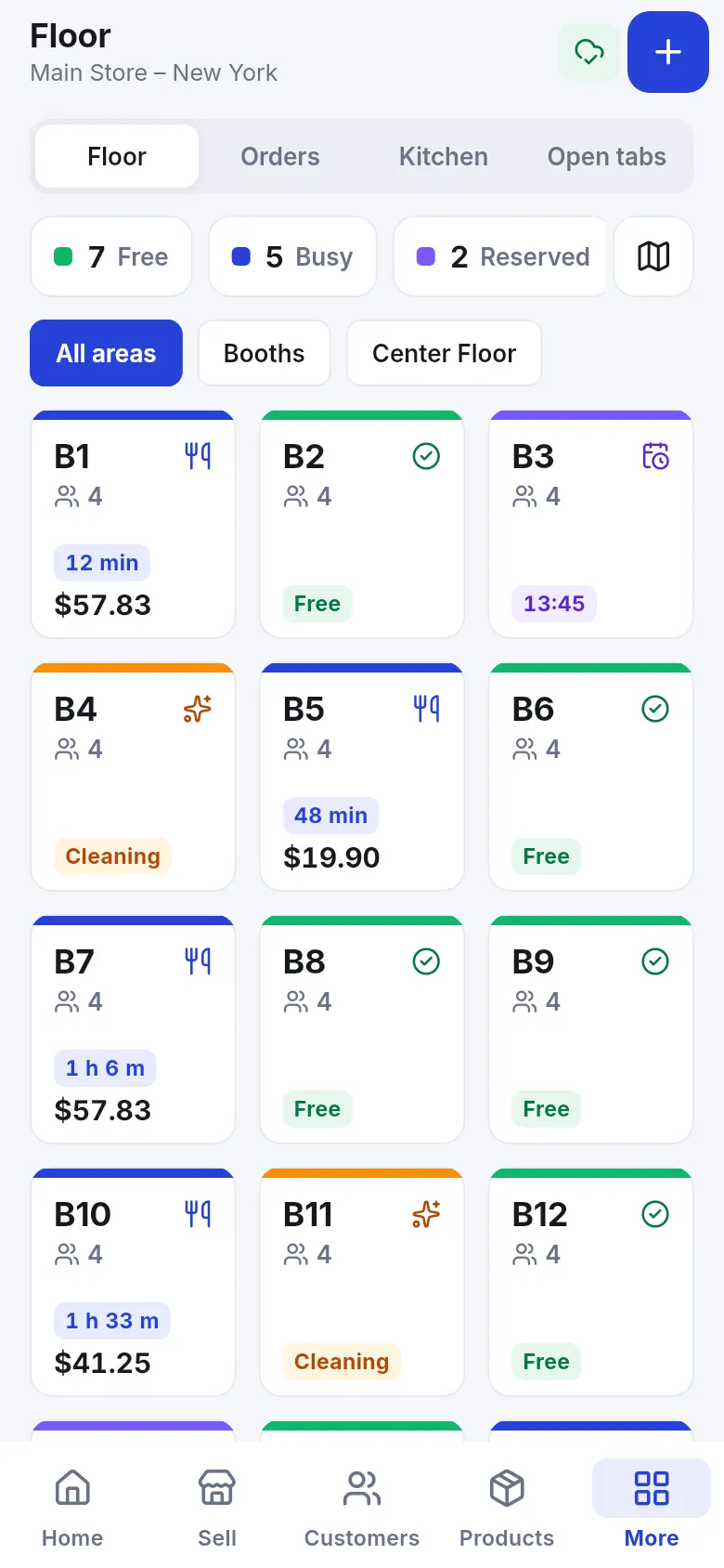 Business app floor screen with free, busy and reserved counts and table cards showing time seated and bill