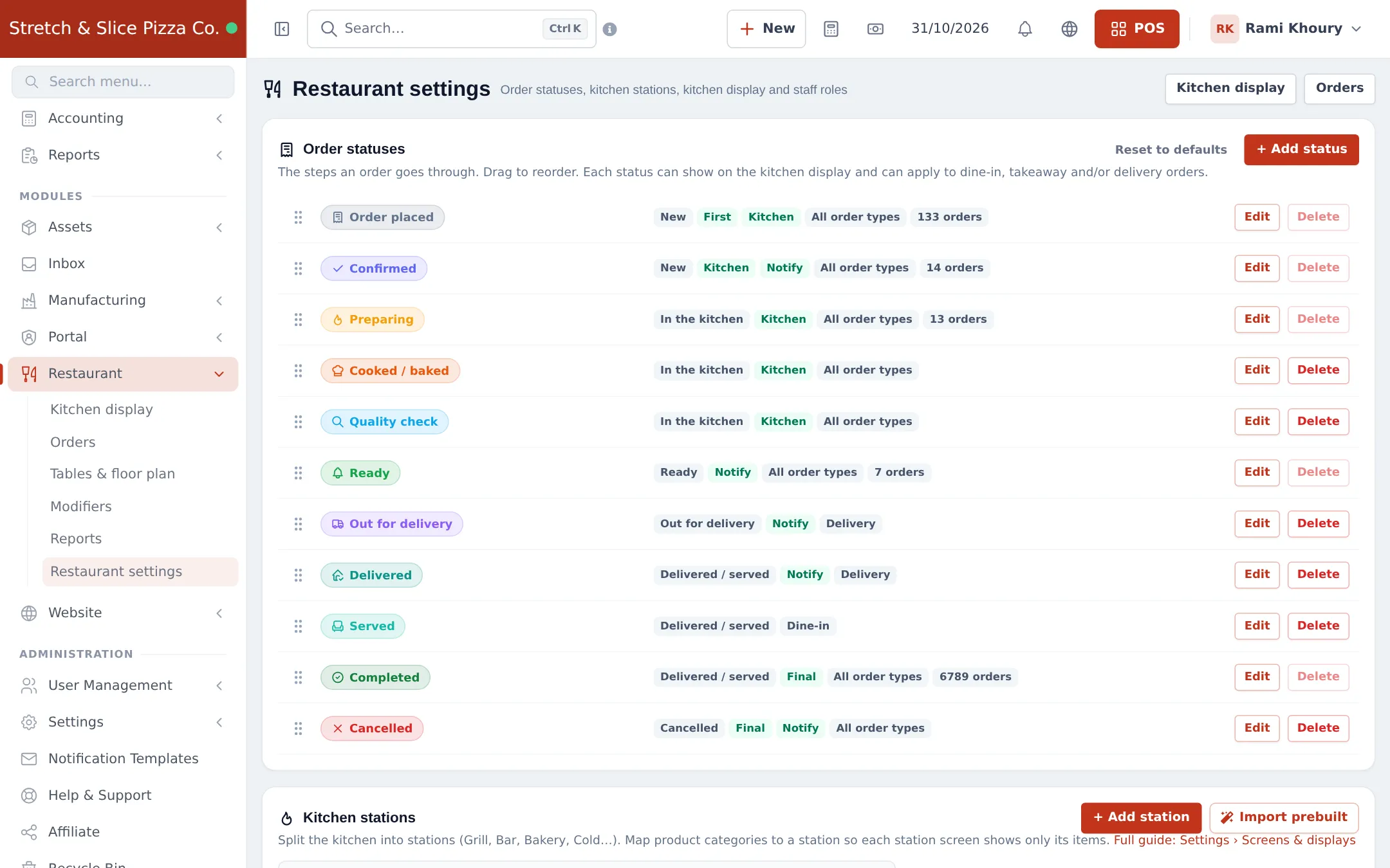 Restaurant settings page with the list of order statuses from Order placed to Cancelled, each with tags like Kitchen, Notify and All order types