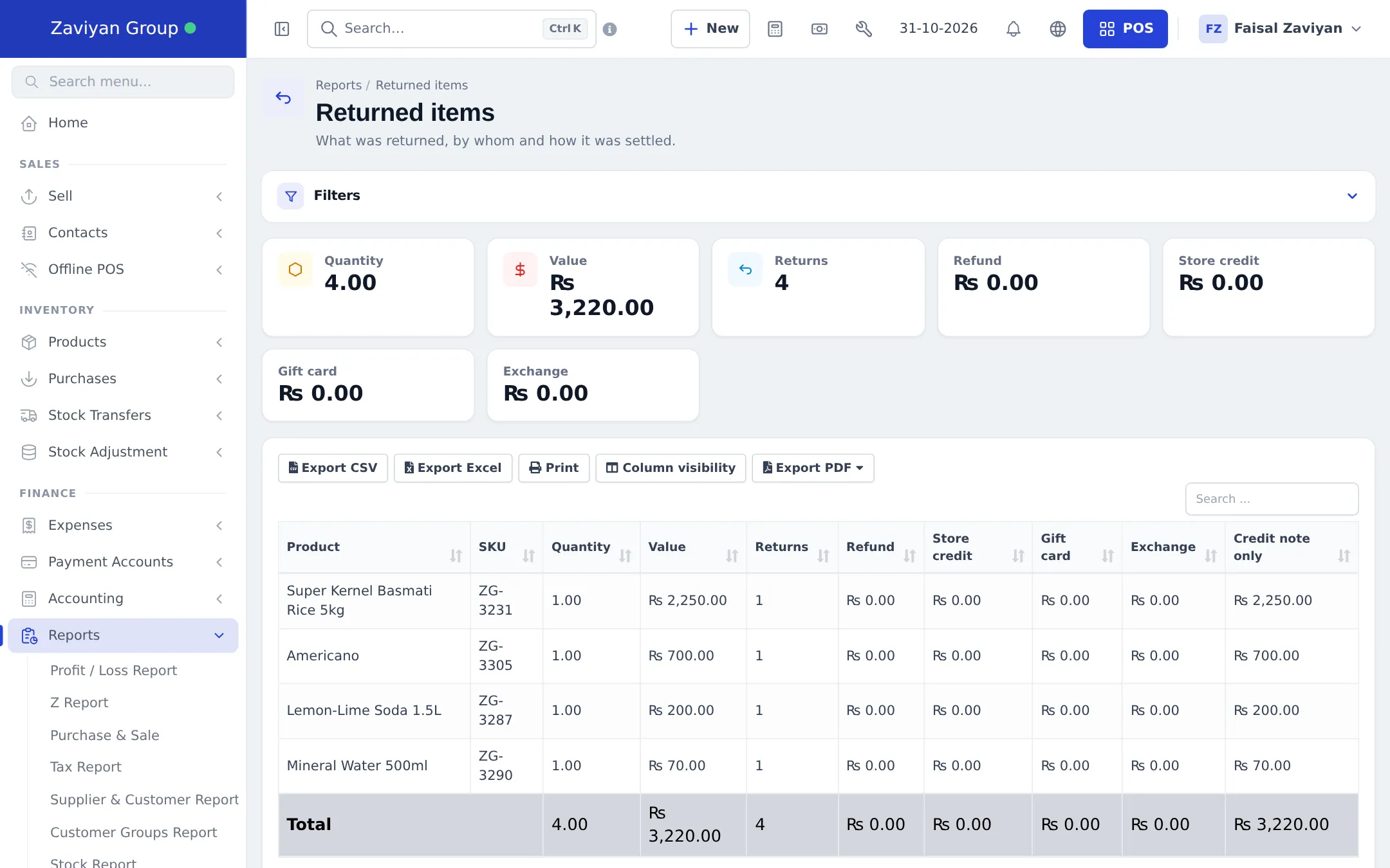 Returned items report with totals for quantity, value, returns, refund, store credit, gift card and exchange, and a table per product