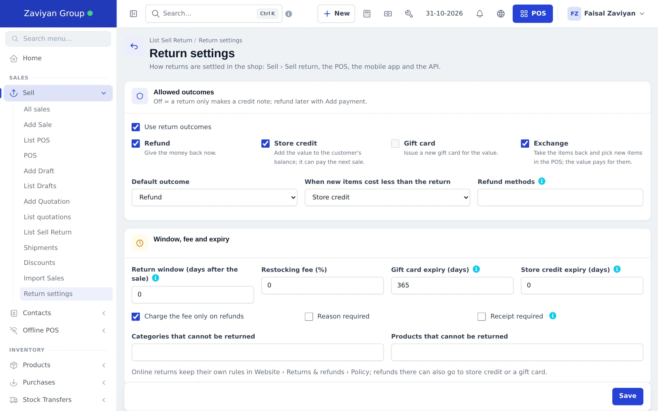 Return settings page with Use return outcomes, Refund, Store credit, Gift card and Exchange options, default outcome, refund methods, return window, restocking fee and expiry fields