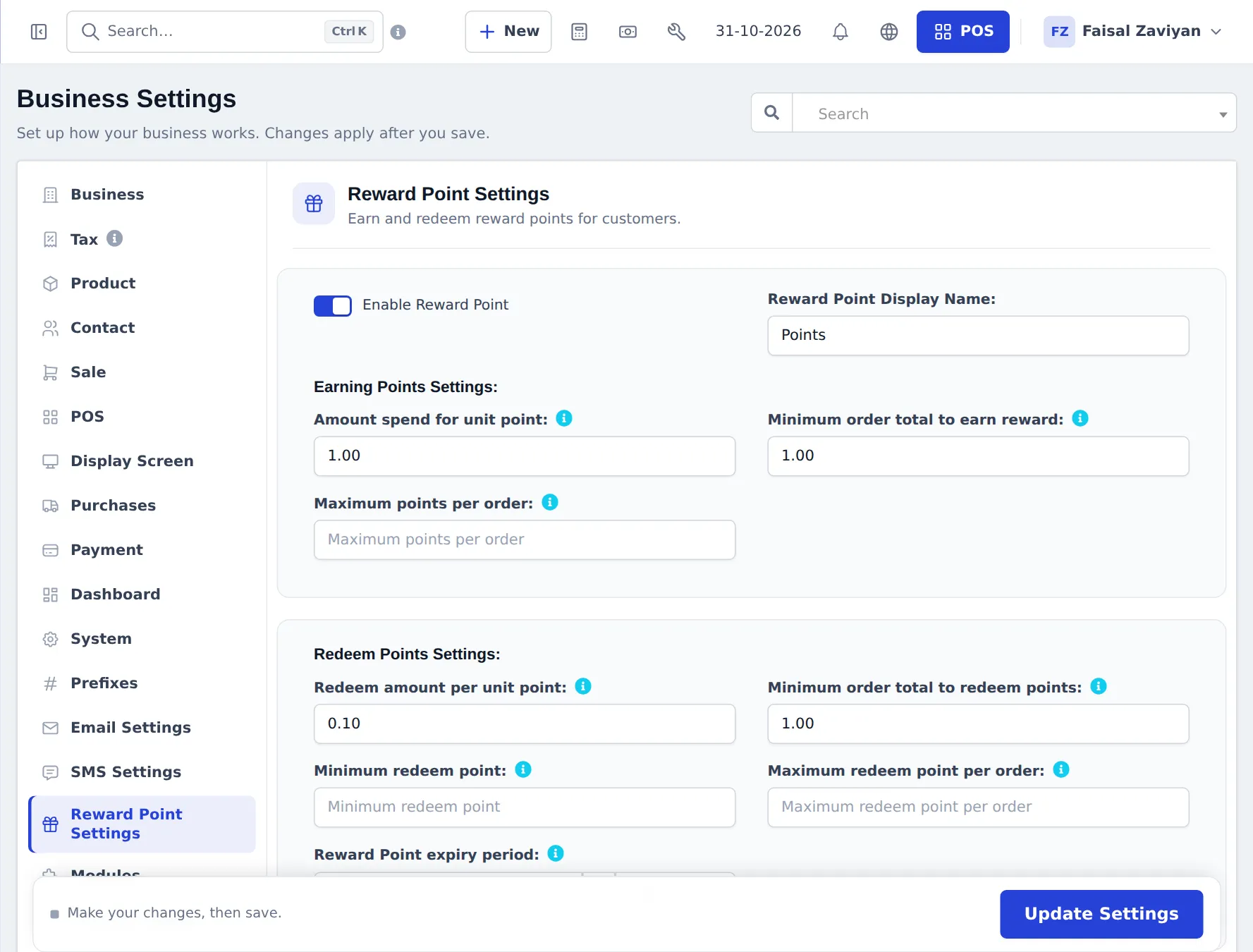Reward Point Settings with Enable Reward Point switched on, display name Points, earning and redeem settings