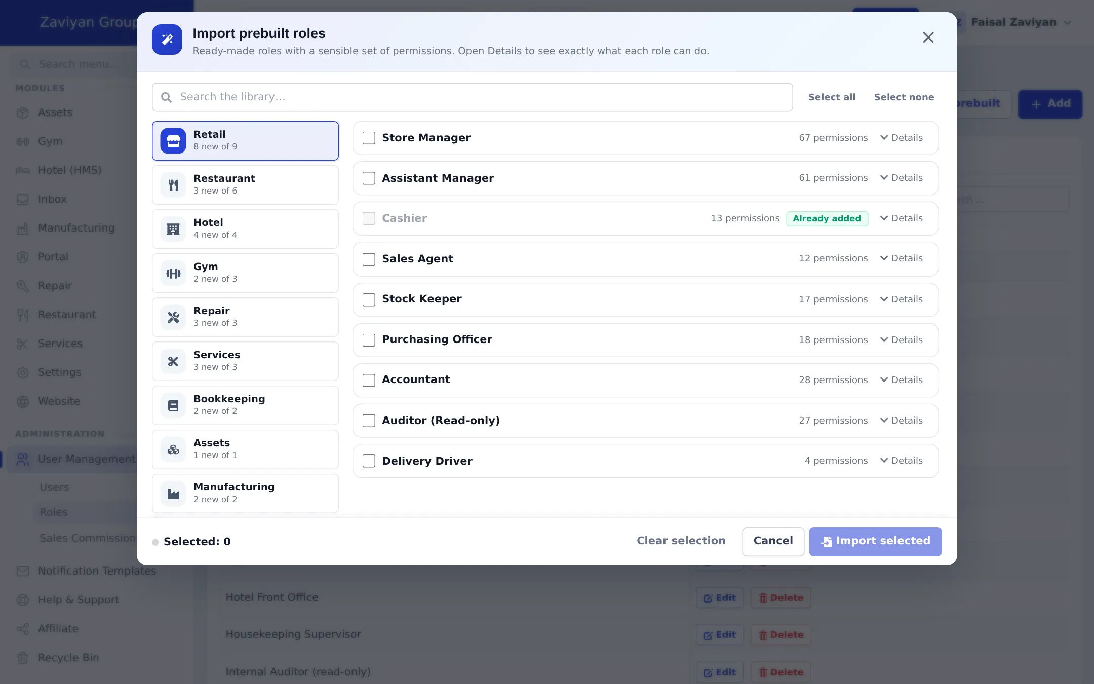 Import prebuilt roles window with trade groups on the left and role templates with tick boxes on the right