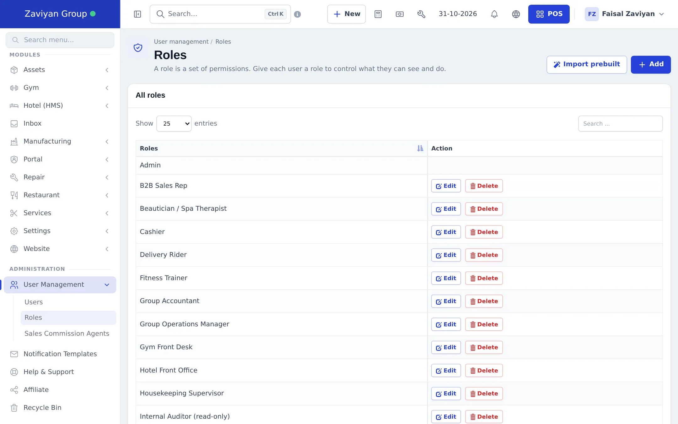 Roles list with Admin, B2B Sales Rep, Beautician, Cashier, Delivery Rider, Fitness Trainer, Group Accountant and other roles, each with Edit and Delete