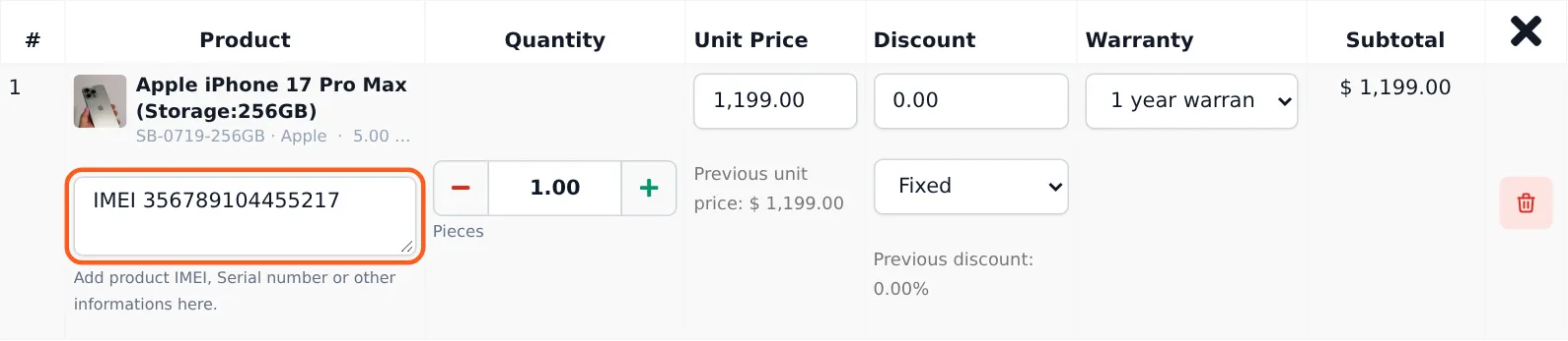 Sale line for an iPhone 17 Pro Max with the IMEI typed in the description box under the product