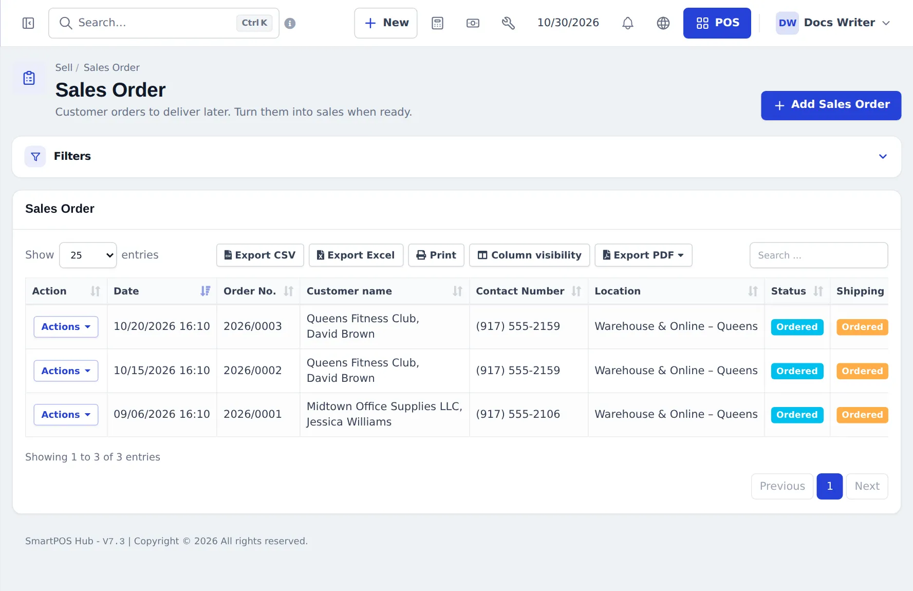 Sales Order list with order numbers, customers, locations, status Ordered and shipping status