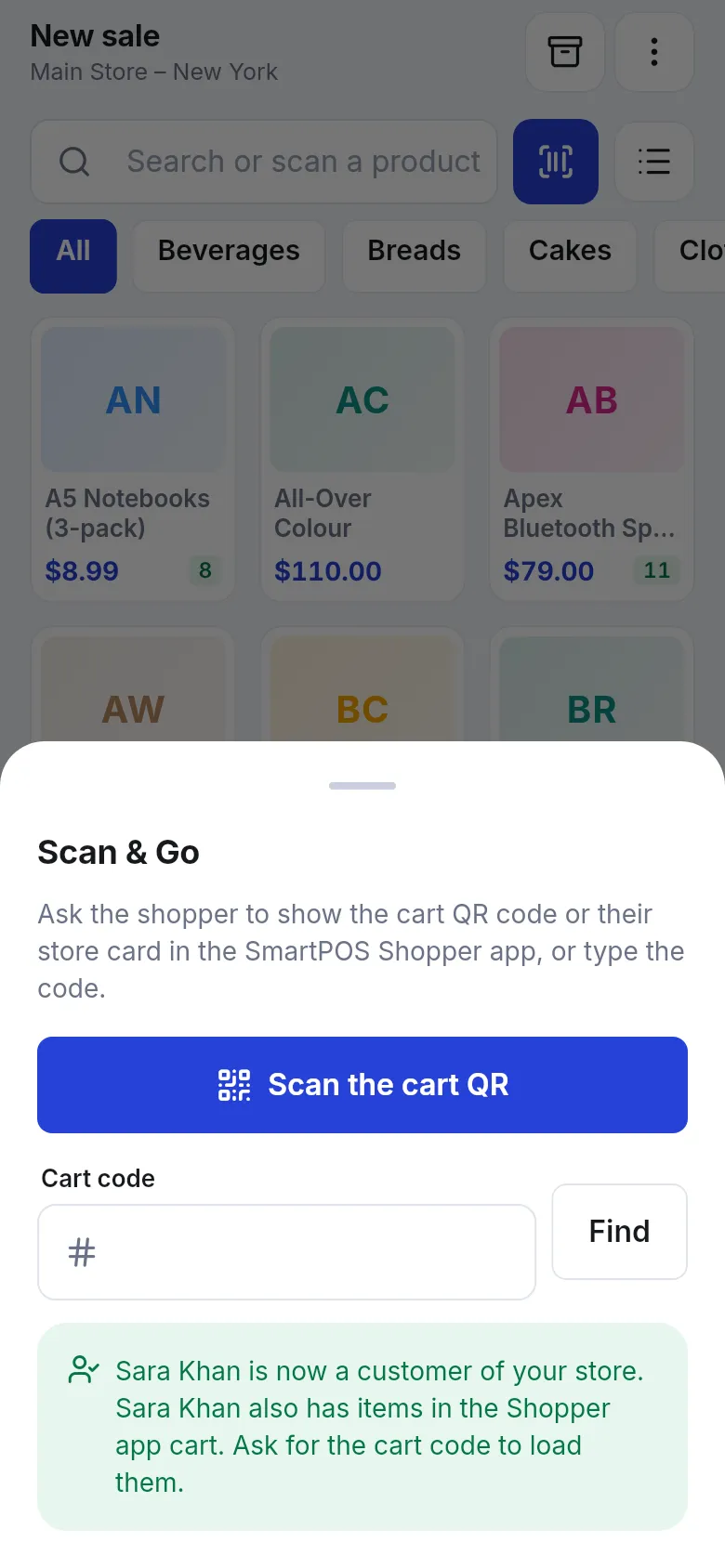 Scan & Go sheet with Scan the cart QR, a Cart code field and the message that Sara Khan is now a customer of your store