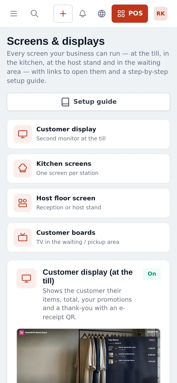 Screens & displays page on a phone with the Setup guide button and the four screen cards