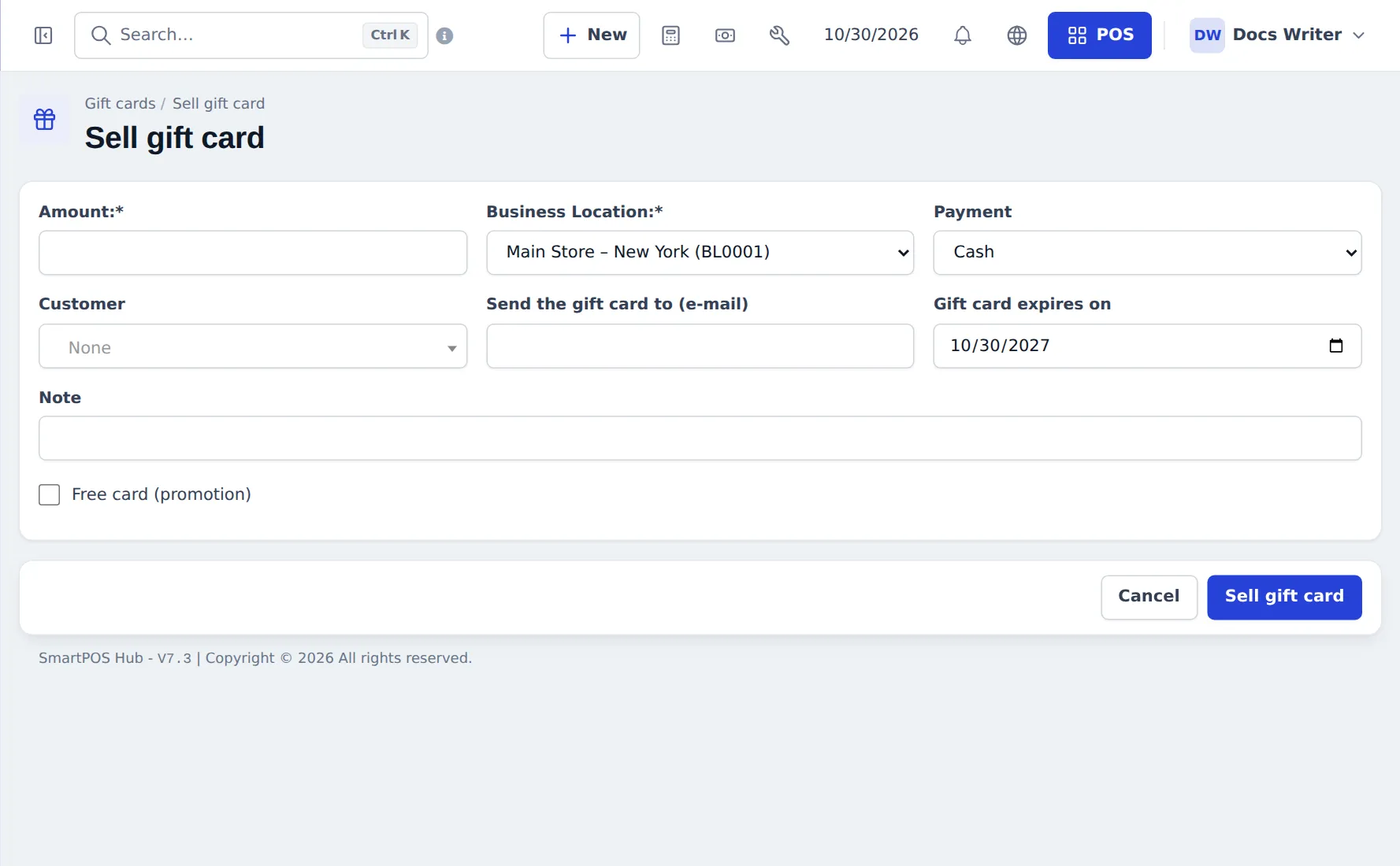 Sell gift card form with amount, business location, payment, customer, send to e-mail, expiry date, note and Free card (promotion)