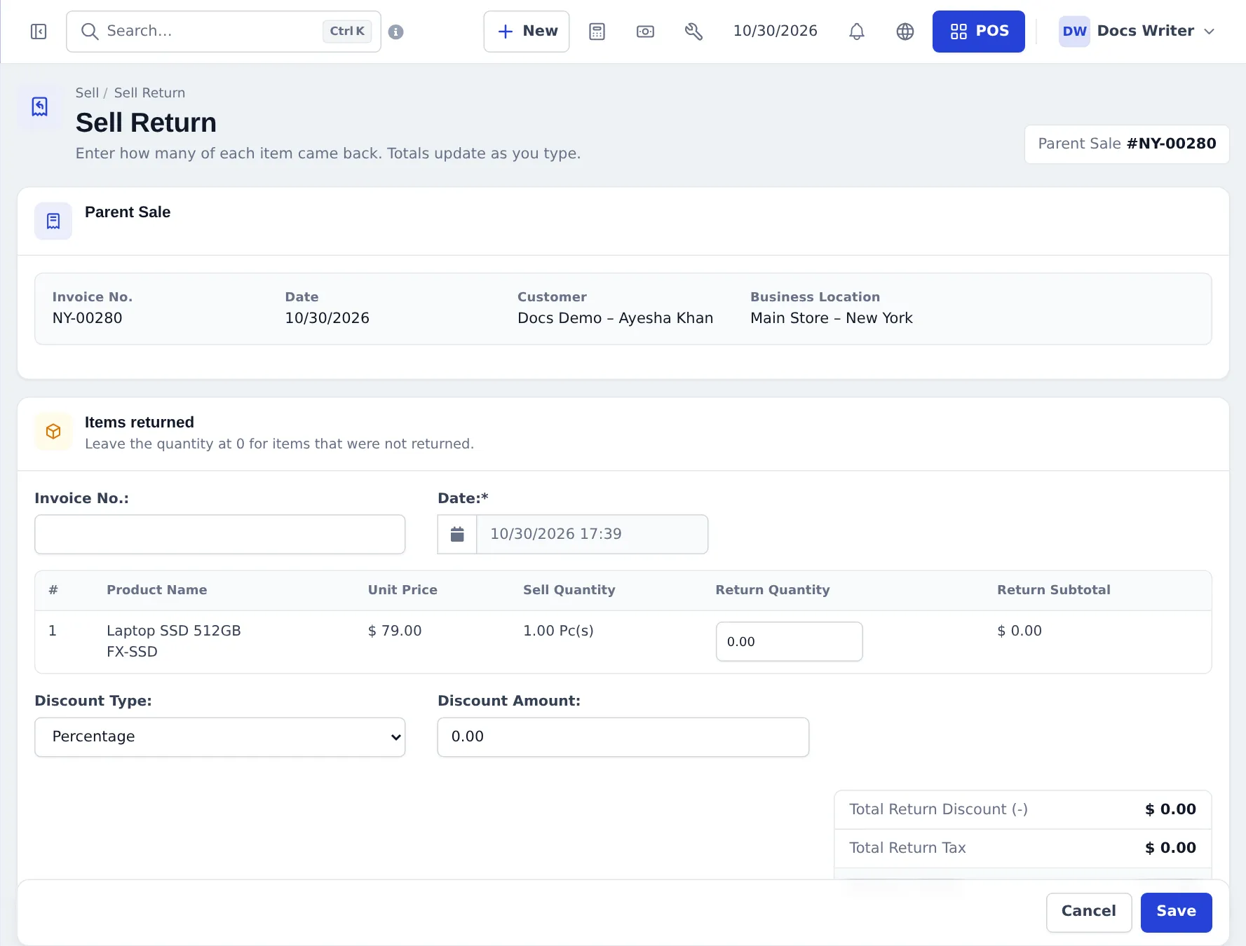 Sell Return page for parent sale NY-00280 with the items returned table, return quantity field, discount type and totals