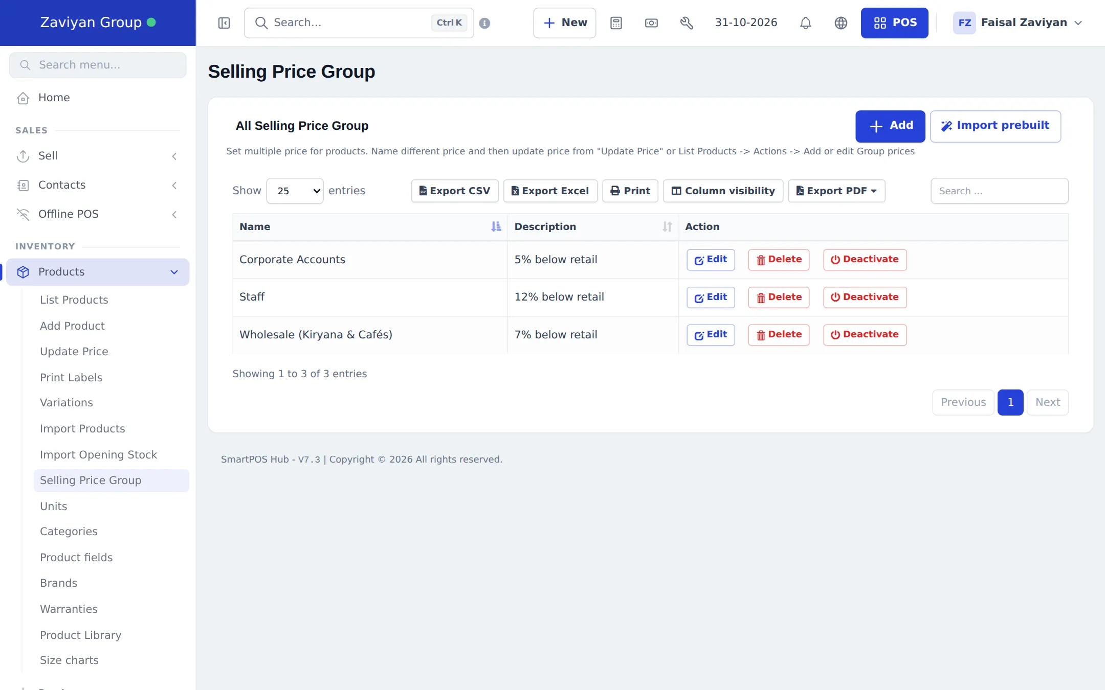 Selling Price Group page listing Corporate Accounts, Staff and Wholesale (Kiryana & Cafés) with descriptions and Edit, Delete and Deactivate buttons, plus Add and Import prebuilt