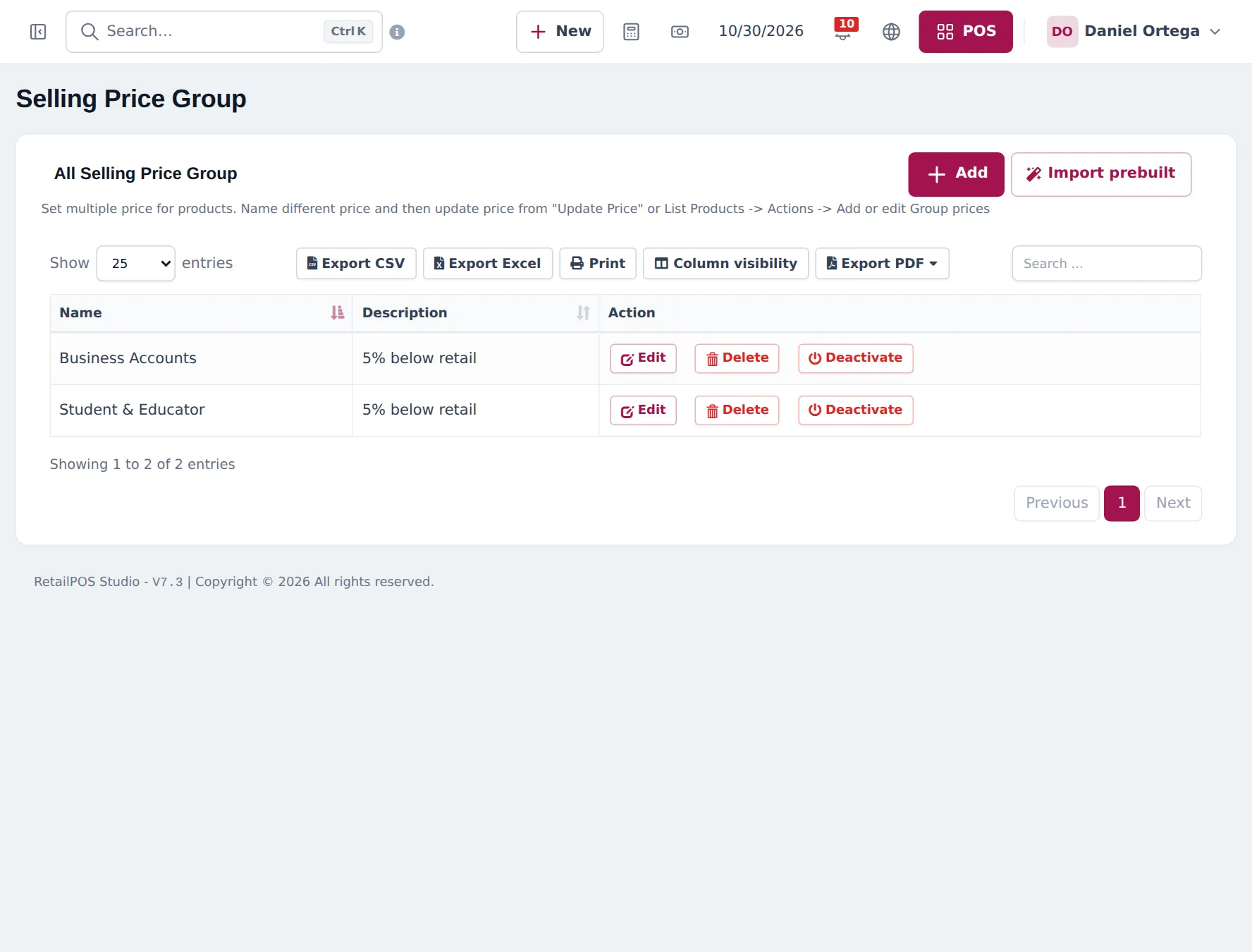 Selling Price Group list with Business Accounts and Student and Educator groups, both 5 percent below retail, with Edit, Delete and Deactivate
