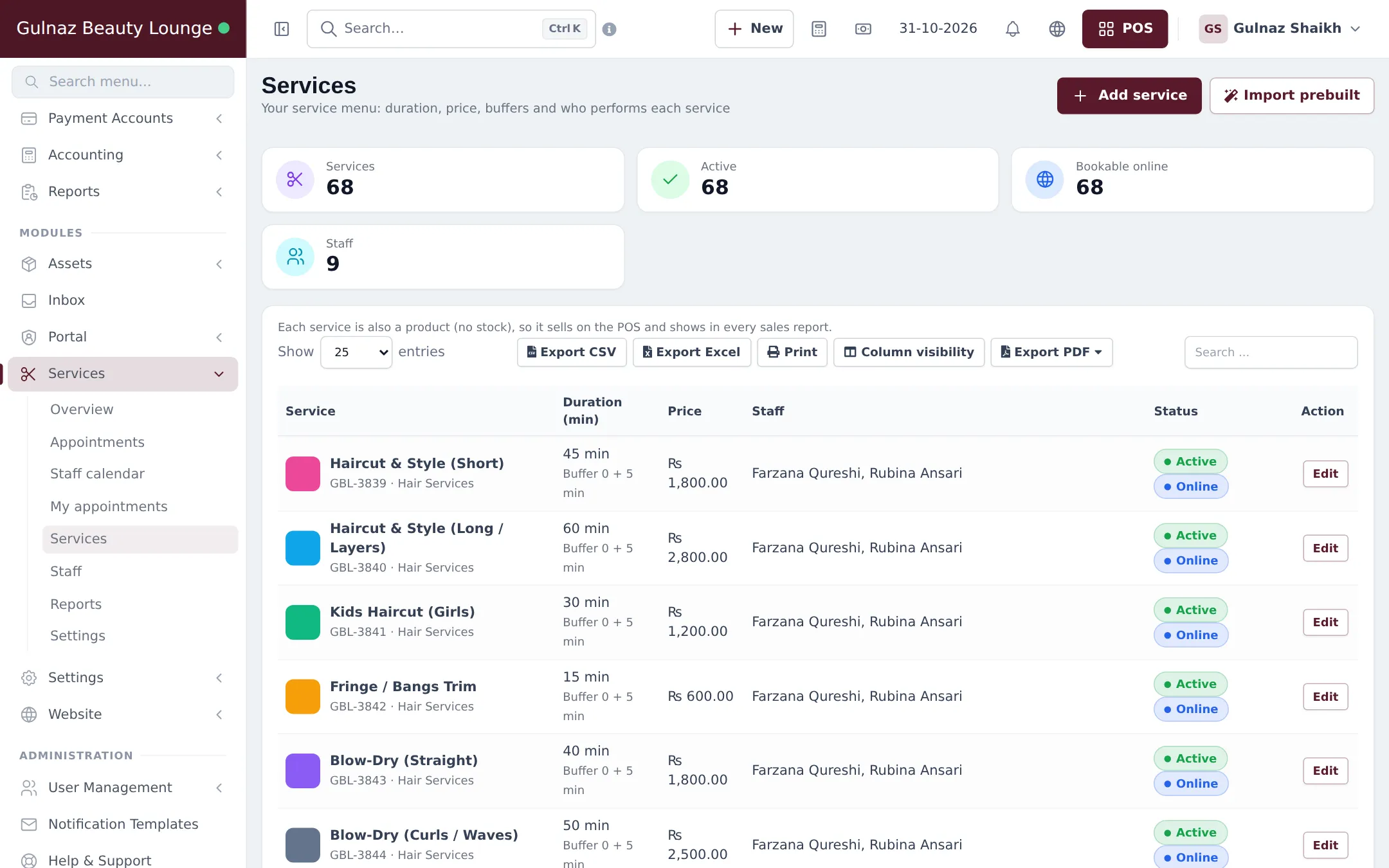 Services list with Haircut and Blow-Dry services, their duration, buffer, price, staff and Active and Online badges