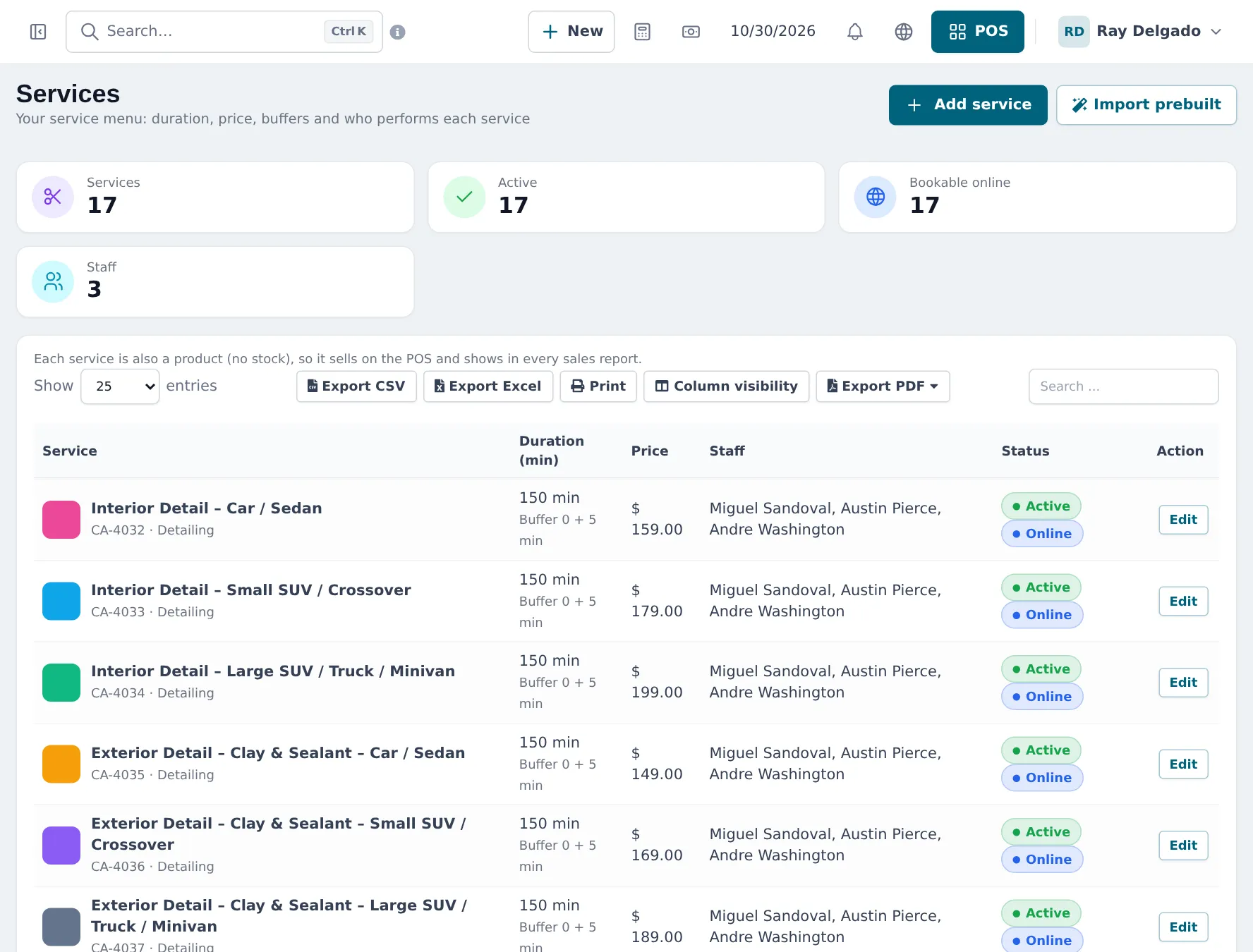 Services list with interior and exterior detail services per vehicle size, 150 minutes each with a 5 minute buffer, prices, crew and Active and Online badges