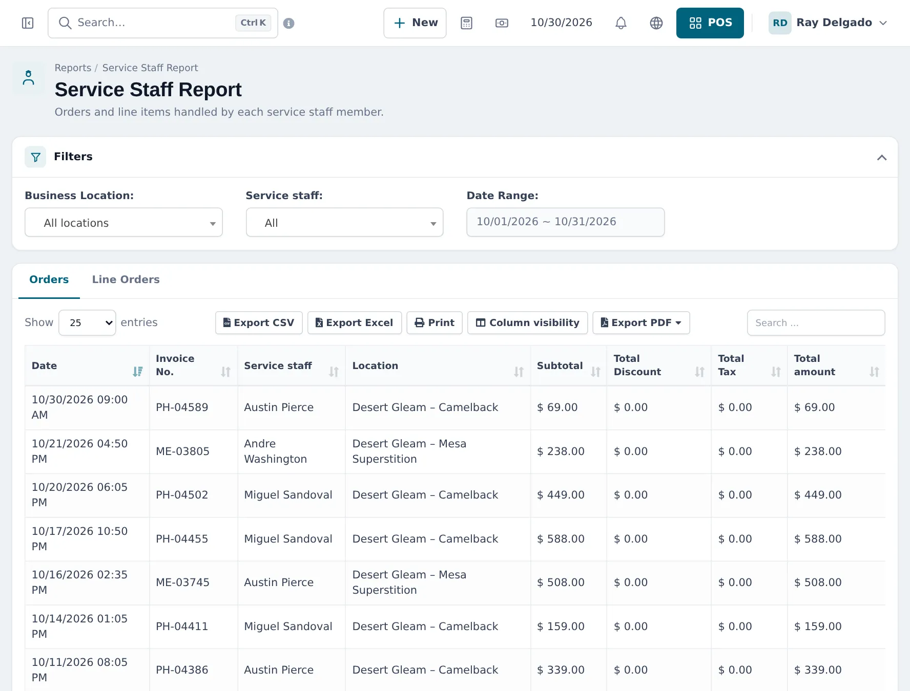 Service Staff Report with filters for location, service staff and date range and a table of invoices with service staff, location and totals