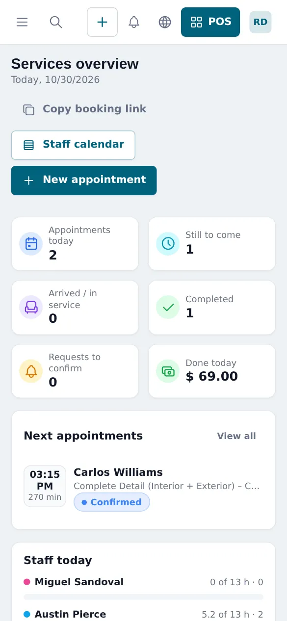 Services overview on a phone with Copy booking link, Staff calendar and New appointment buttons and tiles for appointments today