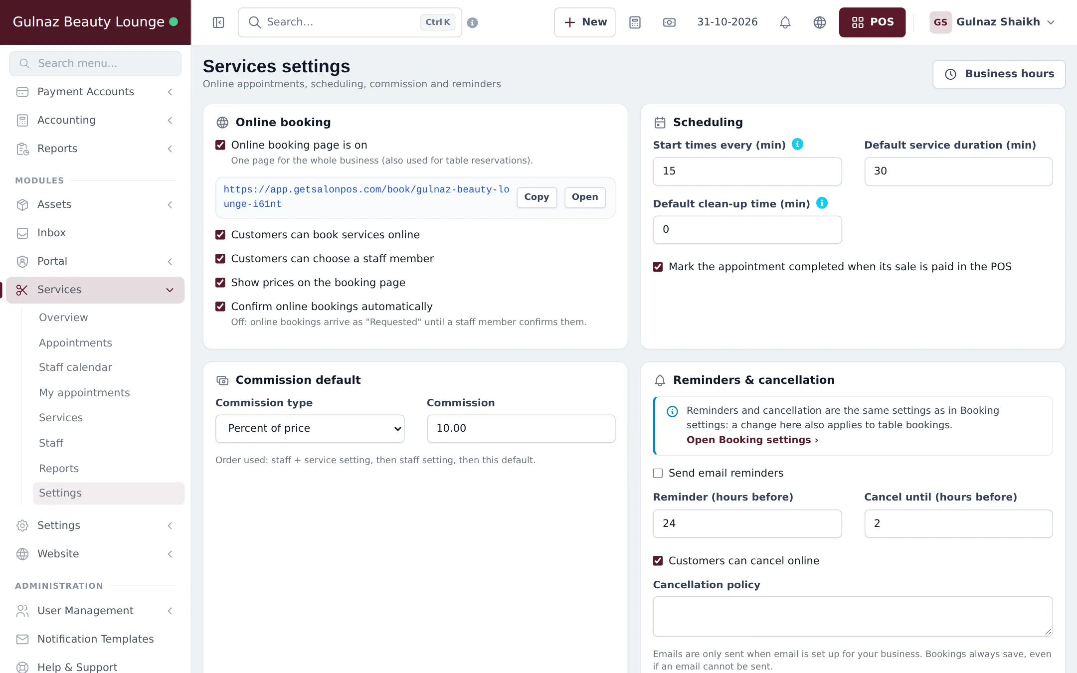 Services settings with online booking options, scheduling with start times every 15 minutes, commission default of 10 percent of price, and reminders and cancellation