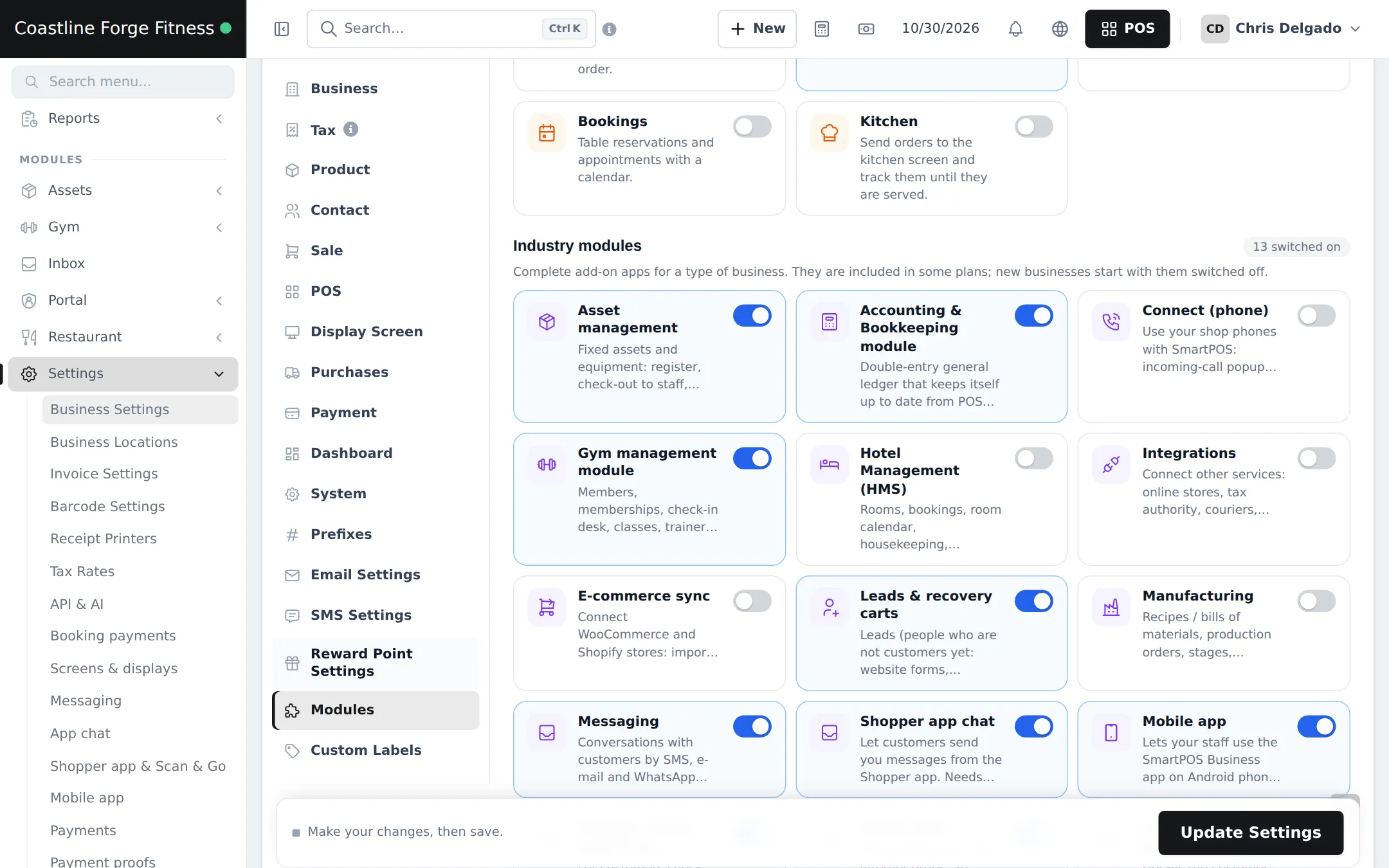 Industry modules in Business Settings with the Gym management module switched on next to Asset management, Accounting and Bookkeeping, Hotel Management and others