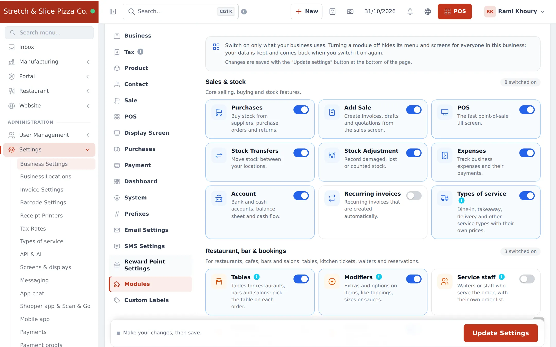 Sales and stock module group with POS, Purchases, Stock Transfers and Types of service switched on