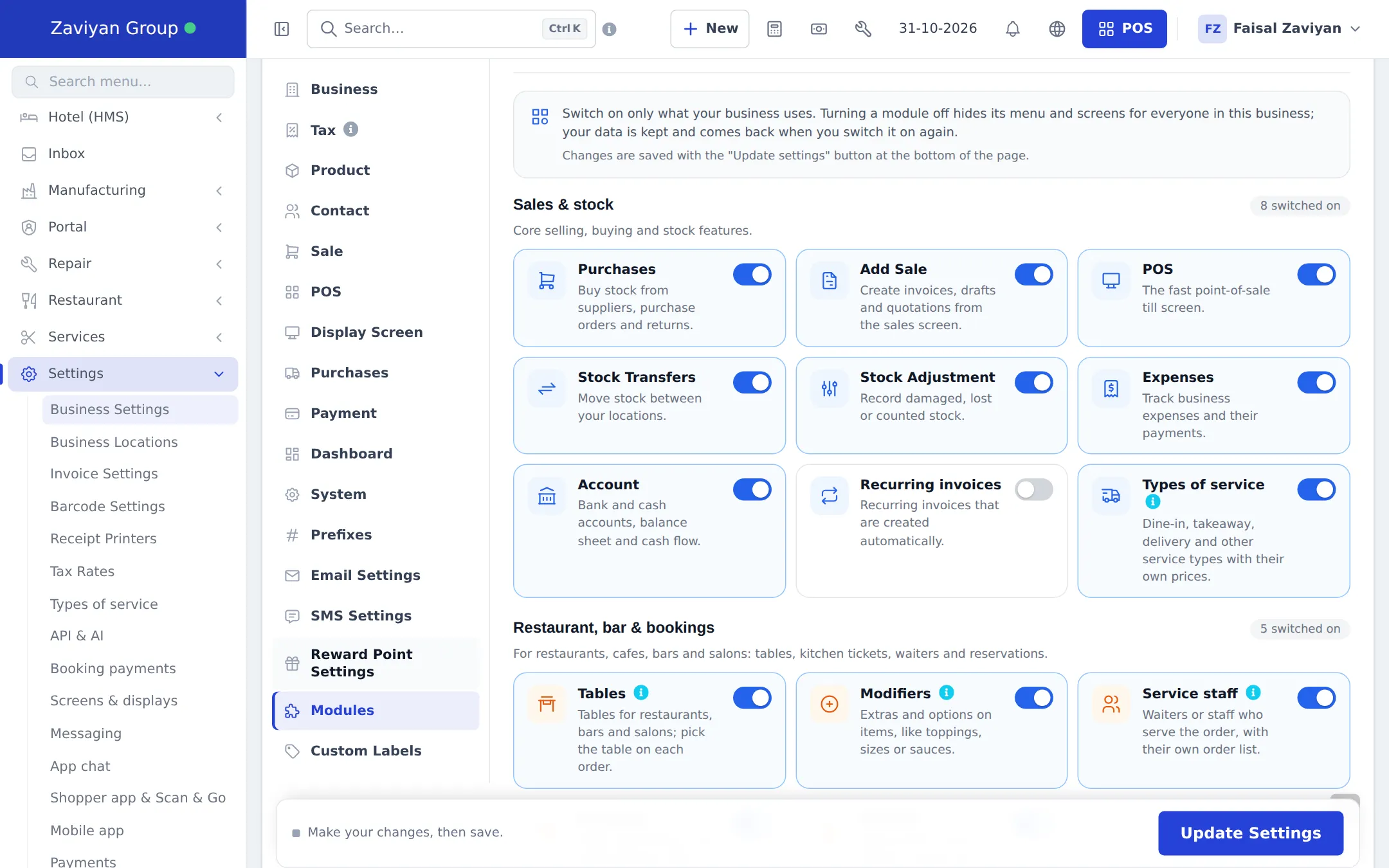 Modules tab with module cards and switches grouped under Sales and stock and Restaurant, bar and bookings, with the Update Settings button at the bottom