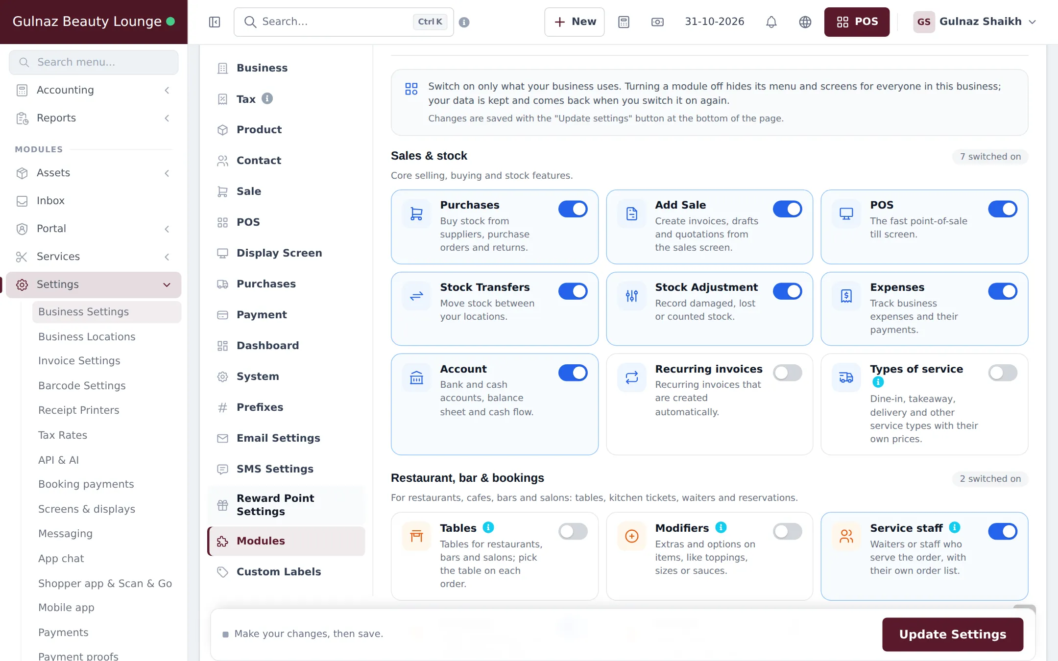 Modules tab of Business Settings with switches for Purchases, Add Sale, POS, Stock Transfers, Stock Adjustment, Expenses and Account, and the Restaurant, bar and bookings group with Service staff switched on
