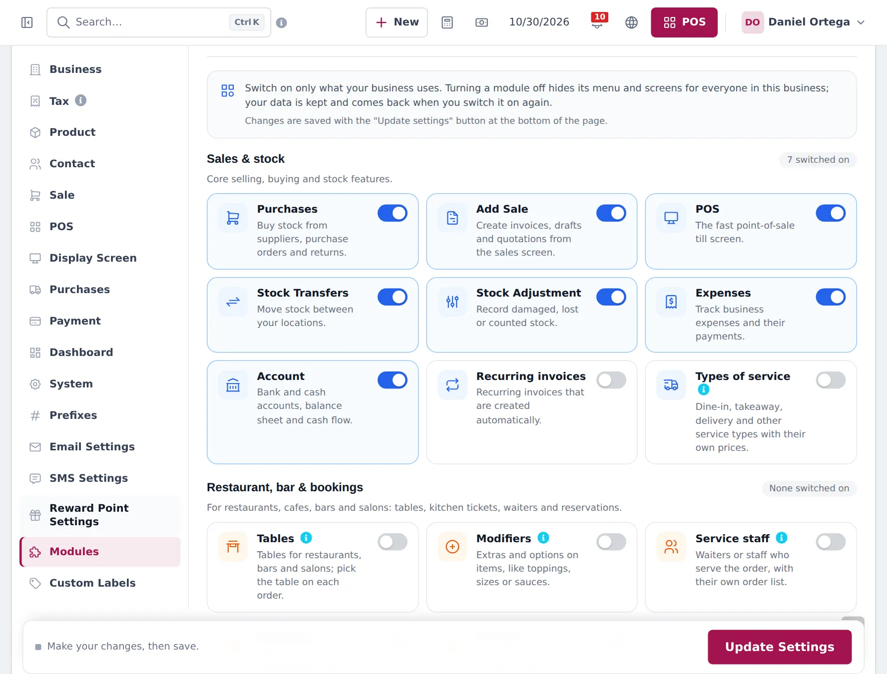 Modules tab of Business Settings with Sales and stock switches and the Restaurant group switched off