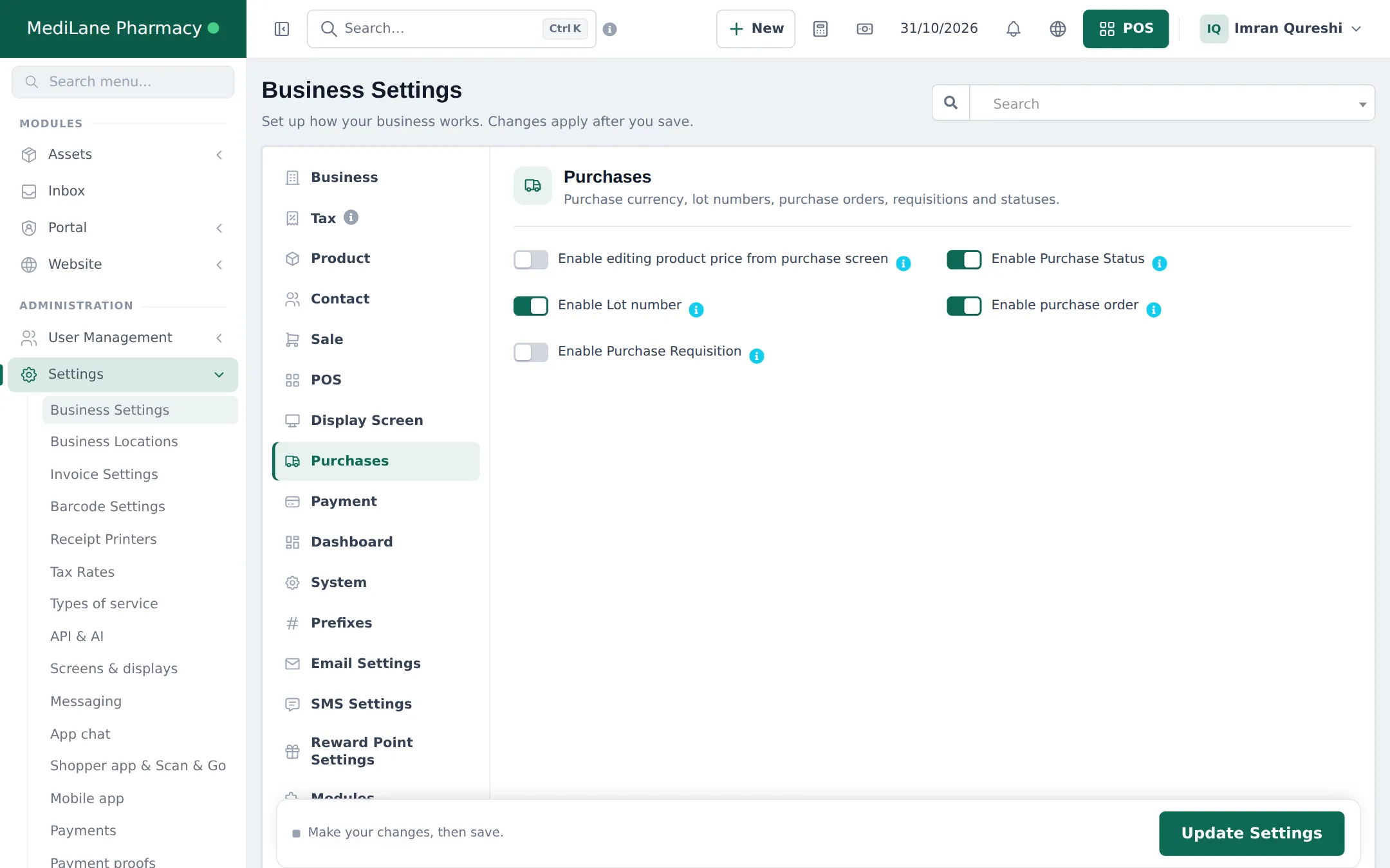 Business Settings Purchases tab with Enable Lot number, Enable Purchase Status and Enable purchase order switched on