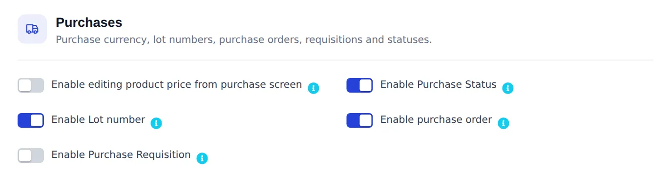 Business Settings Purchases tab with switches for purchase status, lot number, purchase order and purchase requisition