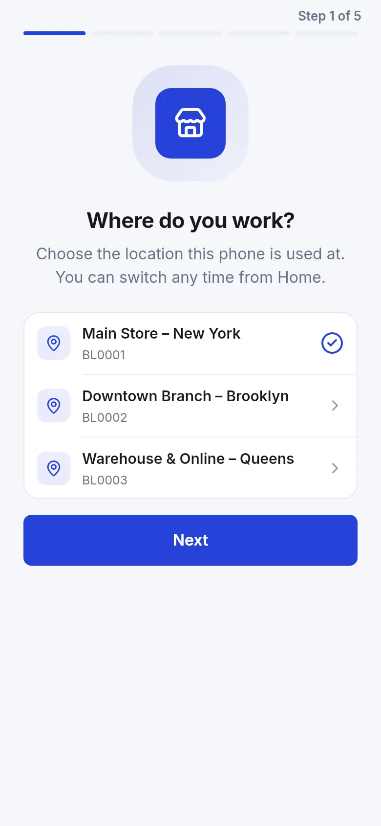 Set up this phone step 1 of 5: Where do you work? with a list of locations