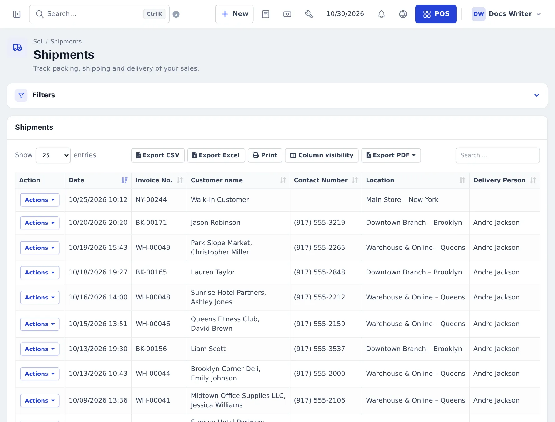 Shipments list filtered by location with invoice numbers, customers, phone numbers and delivery person