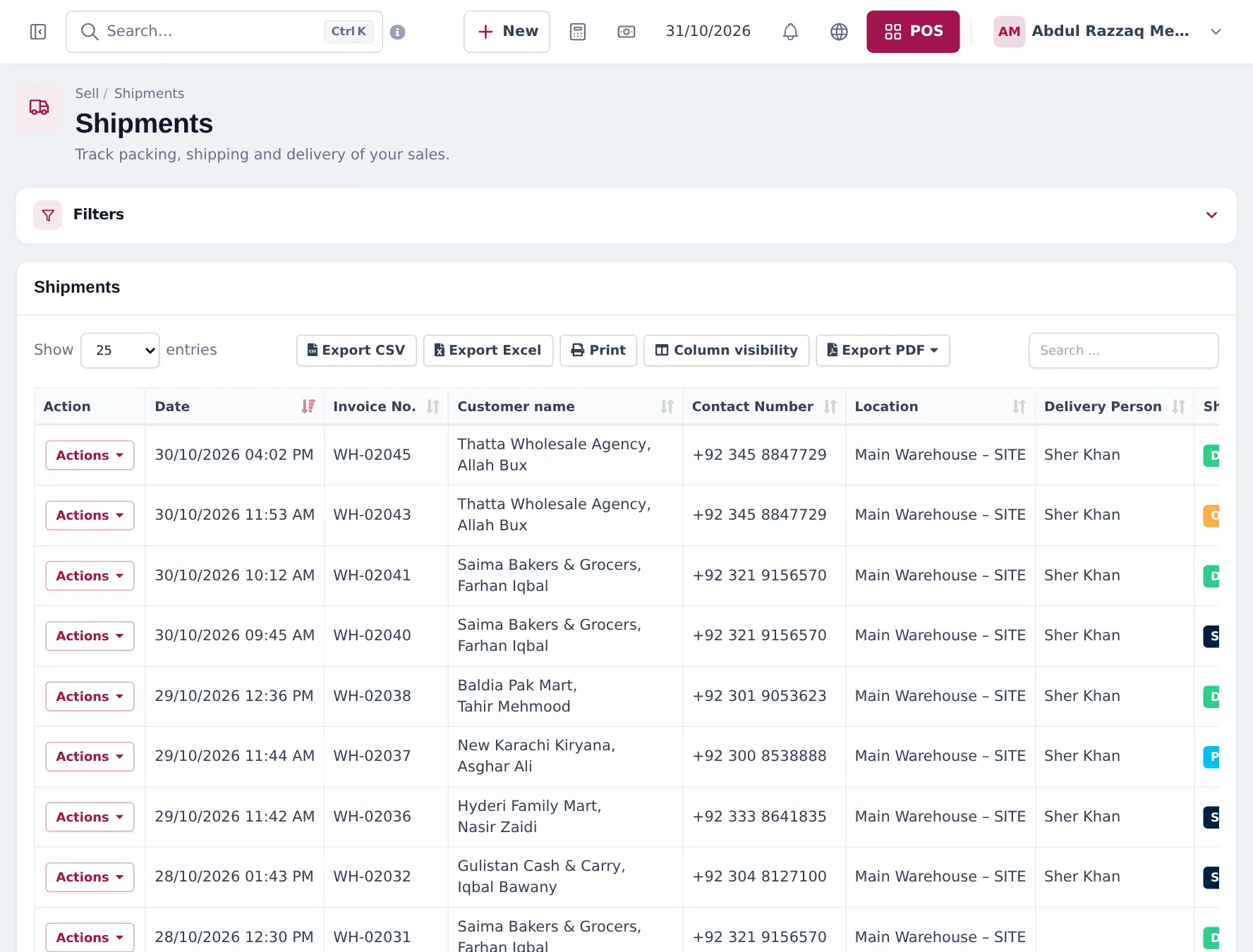 Shipments list with dates, invoice numbers, wholesale and retail customers, contact numbers, Main Warehouse location, delivery person Sher Khan and shipping status