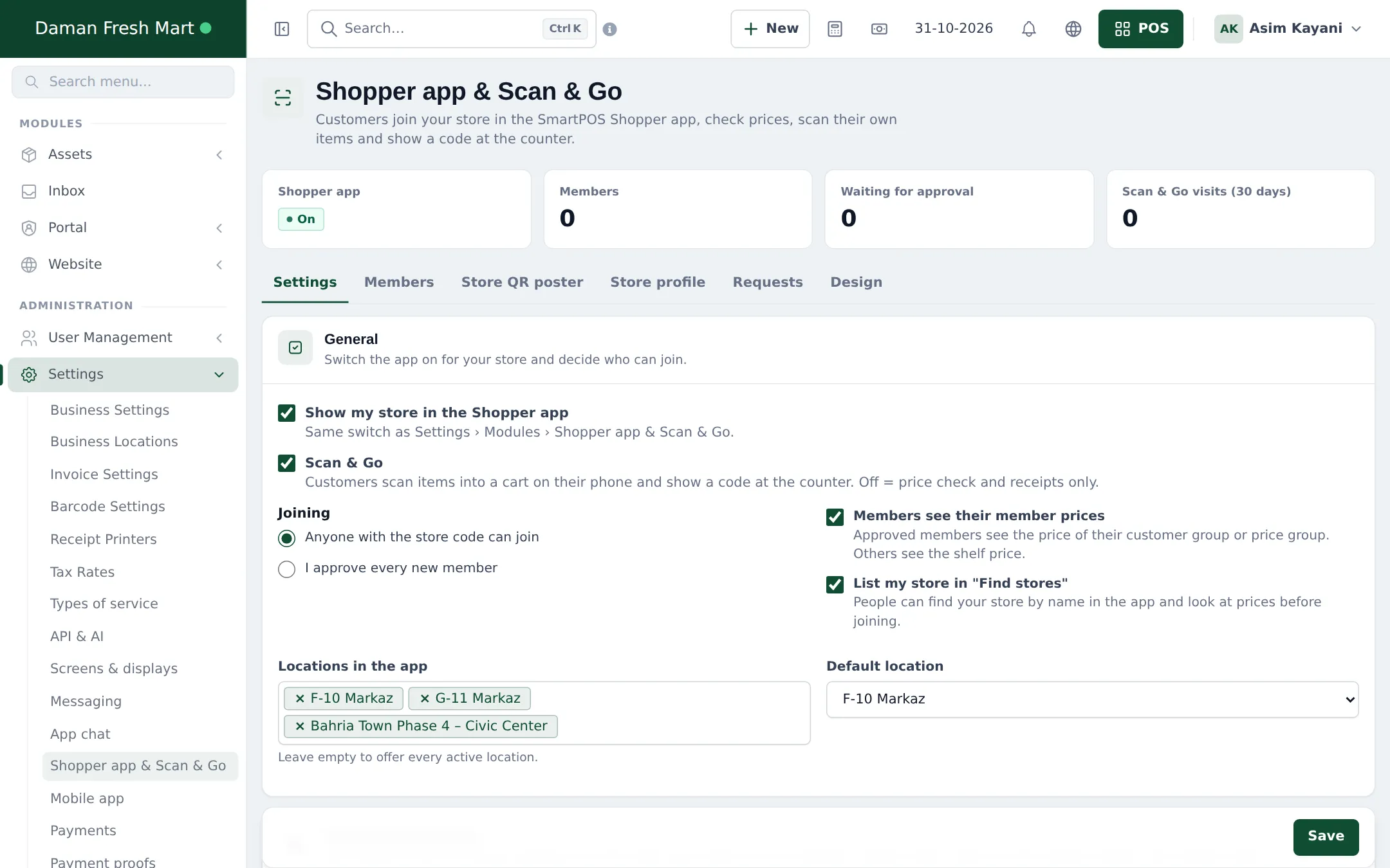 Shopper app and Scan & Go settings with Show my store in the Shopper app, Scan & Go, joining options, member prices, Find stores and locations