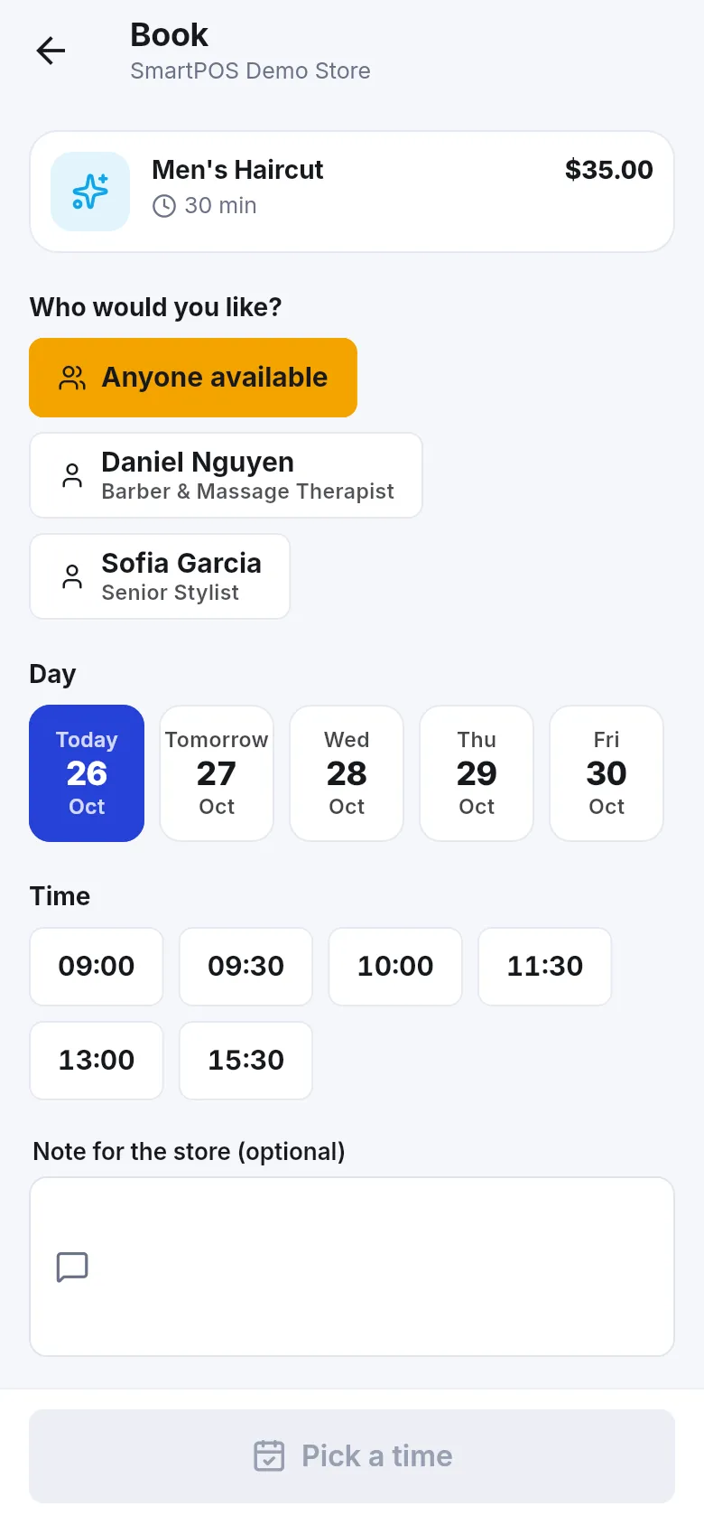 SmartPOS Shopper app booking screen with the service, Anyone available or a named staff member, a day picker and time slots