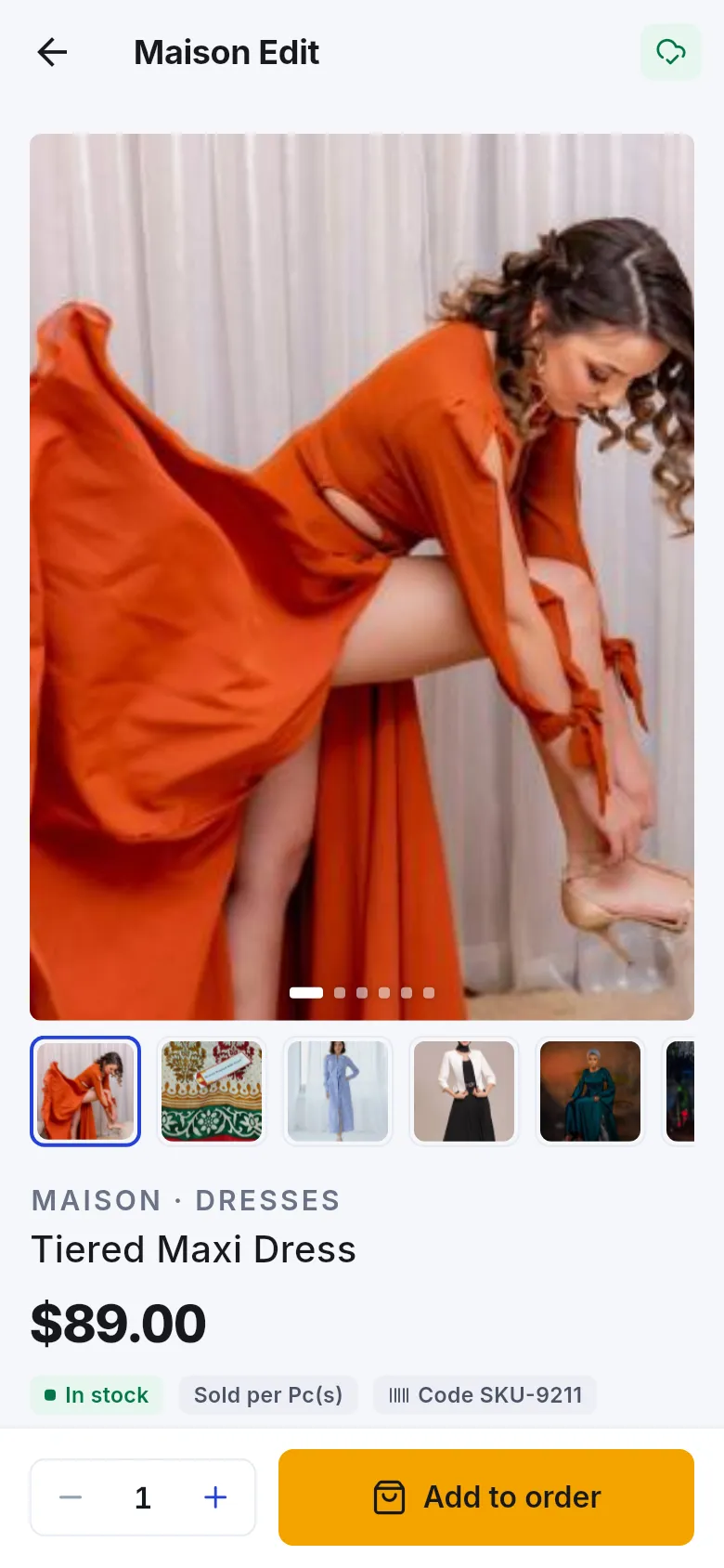 Product page with a large photo, variant thumbnails, price, In stock and Add to order