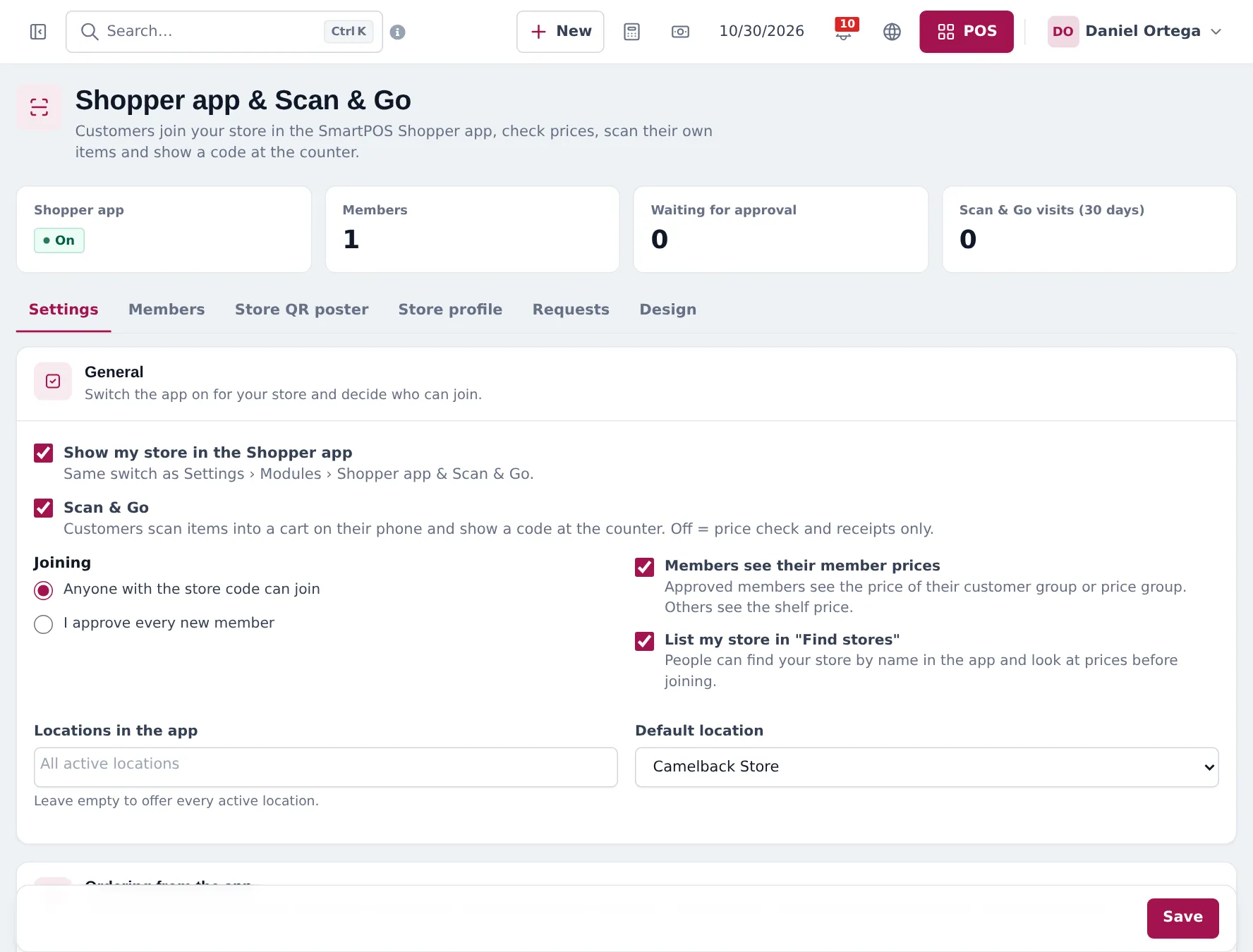 Shopper app and Scan and Go settings with the app on, members count, Show my store in the Shopper app and Scan and Go ticked, joining options, member prices and Find stores ticked, locations and default location
