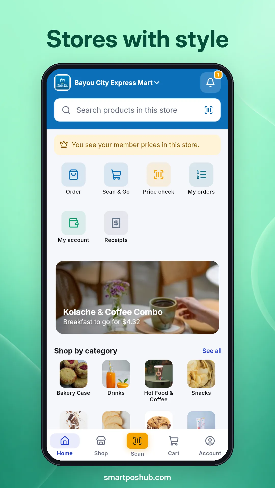 SmartPOS Shopper app store home with order, Scan & Go and receipts shortcuts