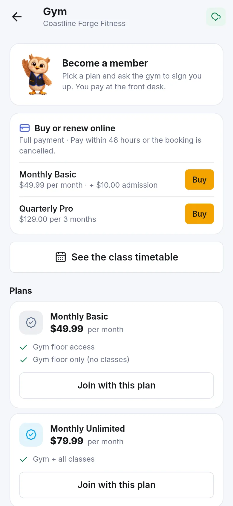 Shopper app gym page with Become a member, a Buy or renew online box with full payment within 48 hours, Buy buttons on plans and Join with this plan buttons