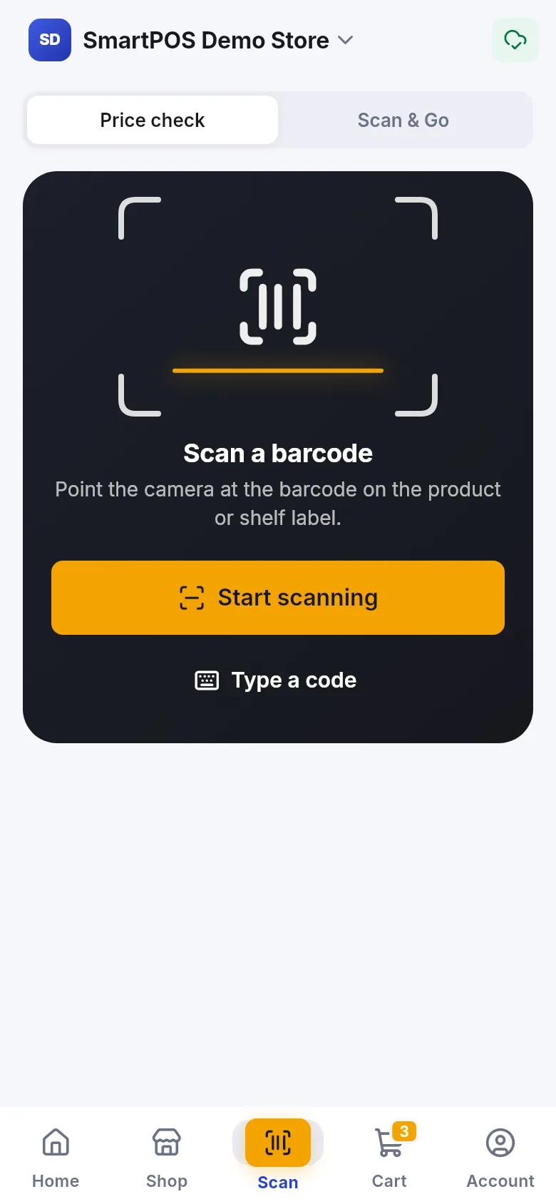 Scan screen in the Shopper app with Price check and Scan and Go tabs, Start scanning and Type a code
