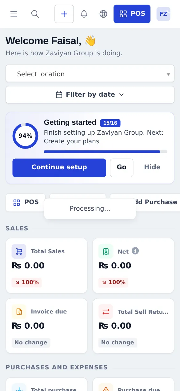 Dashboard on a phone with Welcome heading, location and date filters and the Getting started card